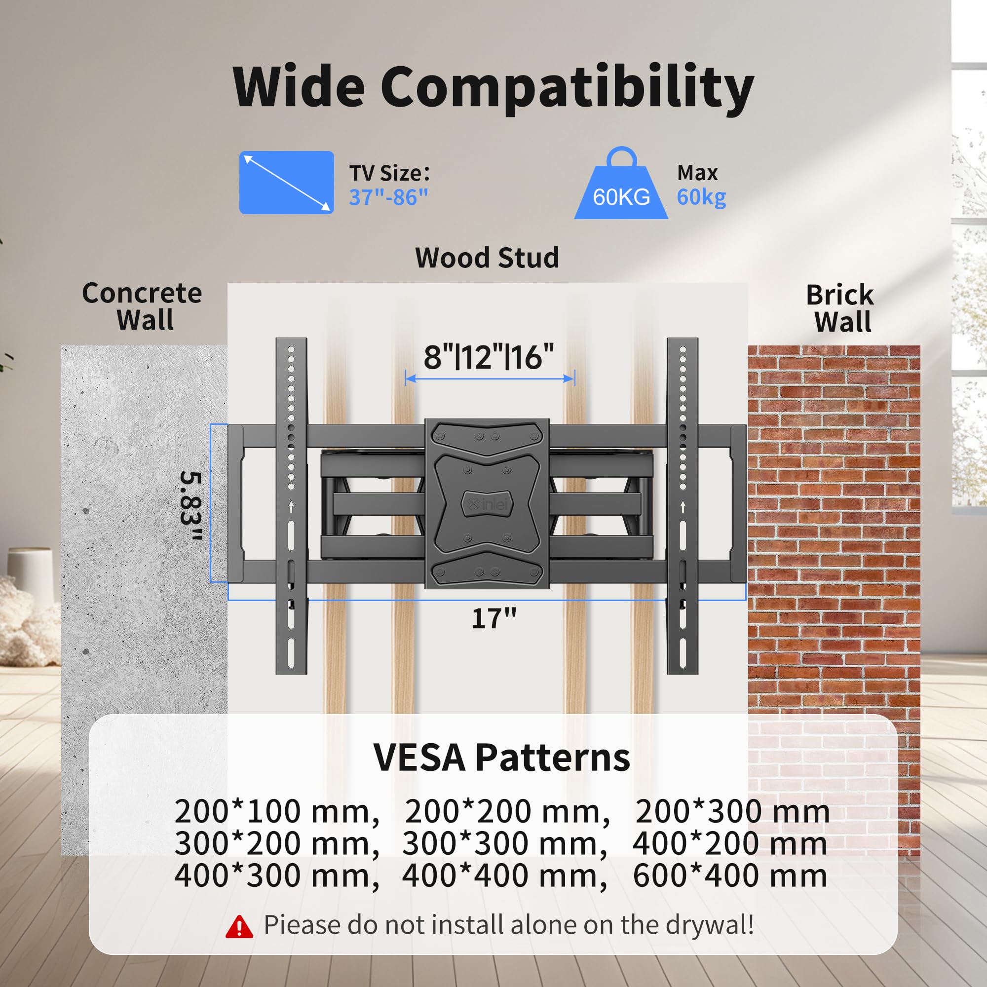 XINLEI Soporte de pared para TV de movimiento completo para la mayoría de televisores planos/curvos de 94 a 218.4 cm de hasta 60 kg, soporte de inclinación giratorio con 6 brazos articulados, VESA