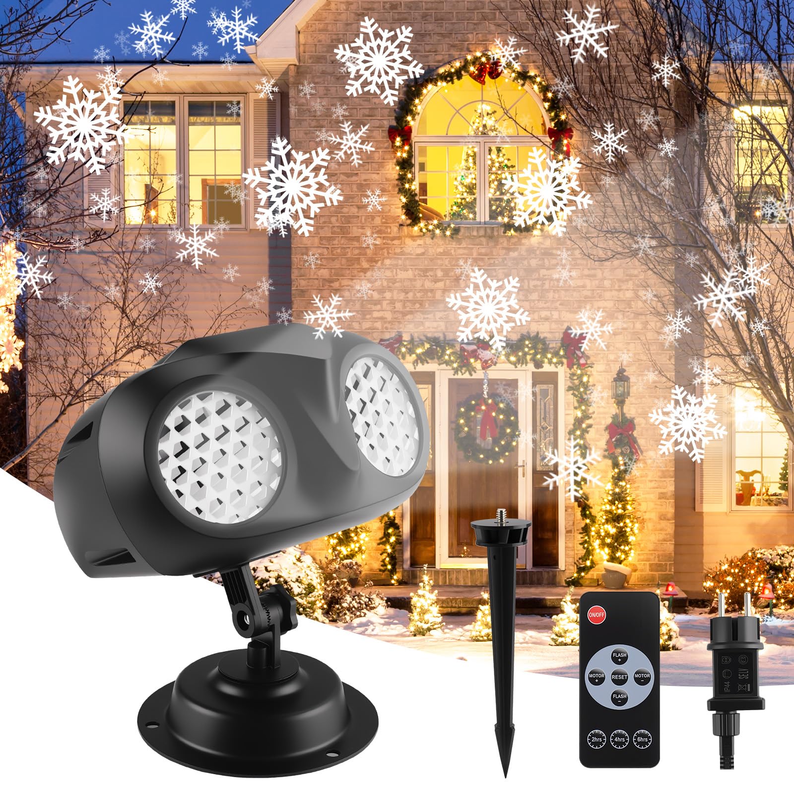 Projektor Weihnachten Aussen mit Doppelprojektion und Fernbedienung, LED Schneeflocken Projektor, für Weihnachtsdeko outdoor, Festivalveranstaltungen, Indoor, Party, Gartendekoration