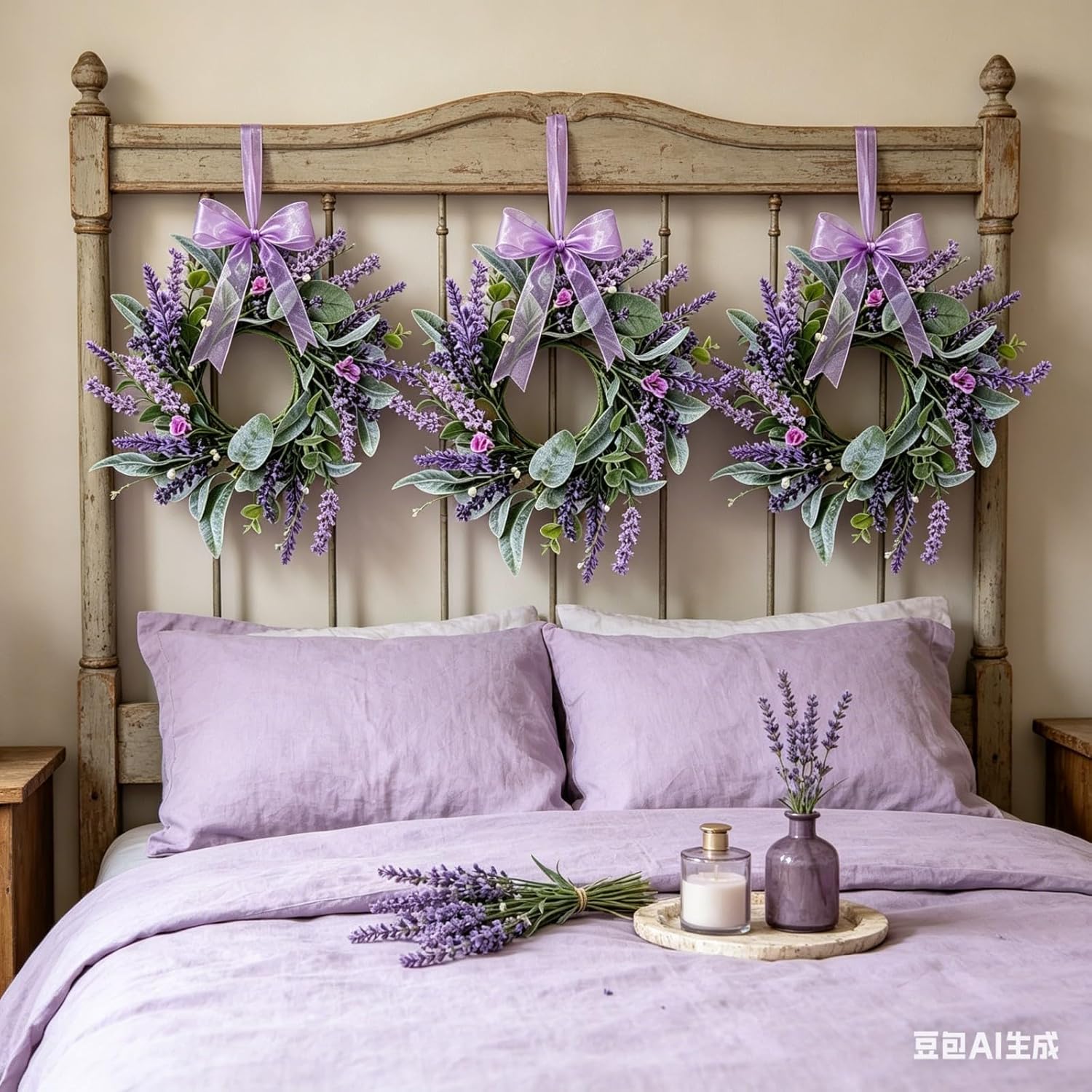 6 Pcs Mini Lavender Hanging Wreaths Purple Daisy Candle Rings Pillar Holder Wreath Wild Flower Spring Summer Floral Wreaths for Farmhouse Porch Front Door Cabinets Window