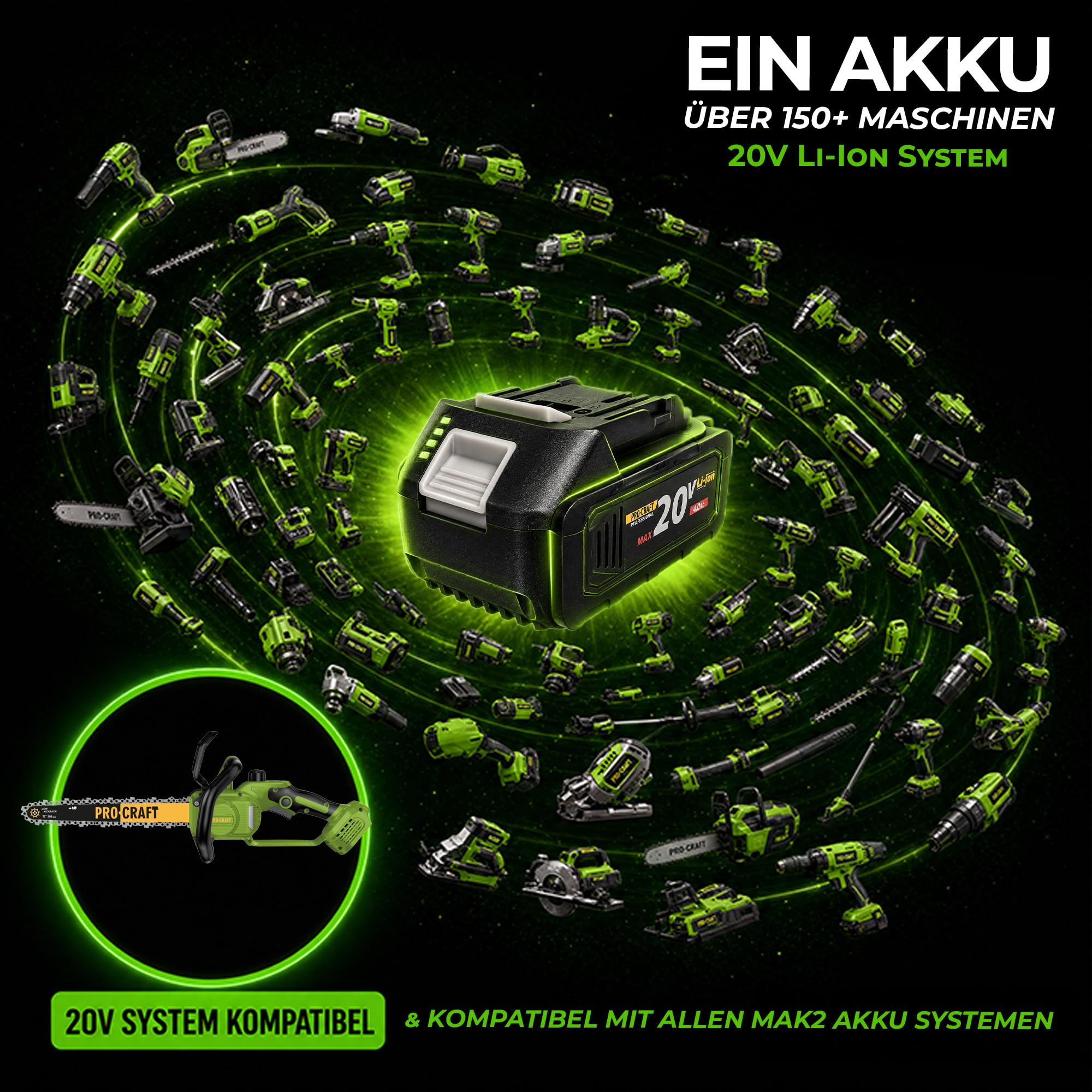 Procraft PKA33-1B akumulatorowa piła łańcuchowa 20 V 304 mm bezszczotkowa + 1 x akumulator 4,0 Ah + ładowarka