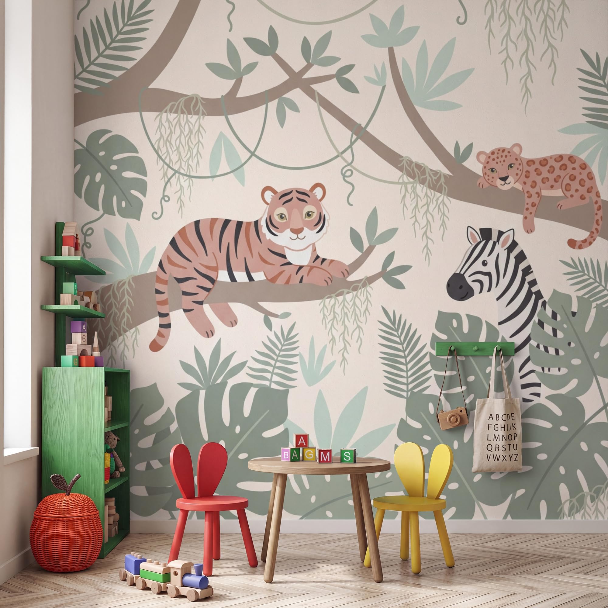 Papel Pintado Vinilico 280x280 cm Primera Calidad Papeles Pintados Pared Pour Dormitorio Infantil Sala De Juegos Del Bebé Niños Selva - Rústico - Pastel