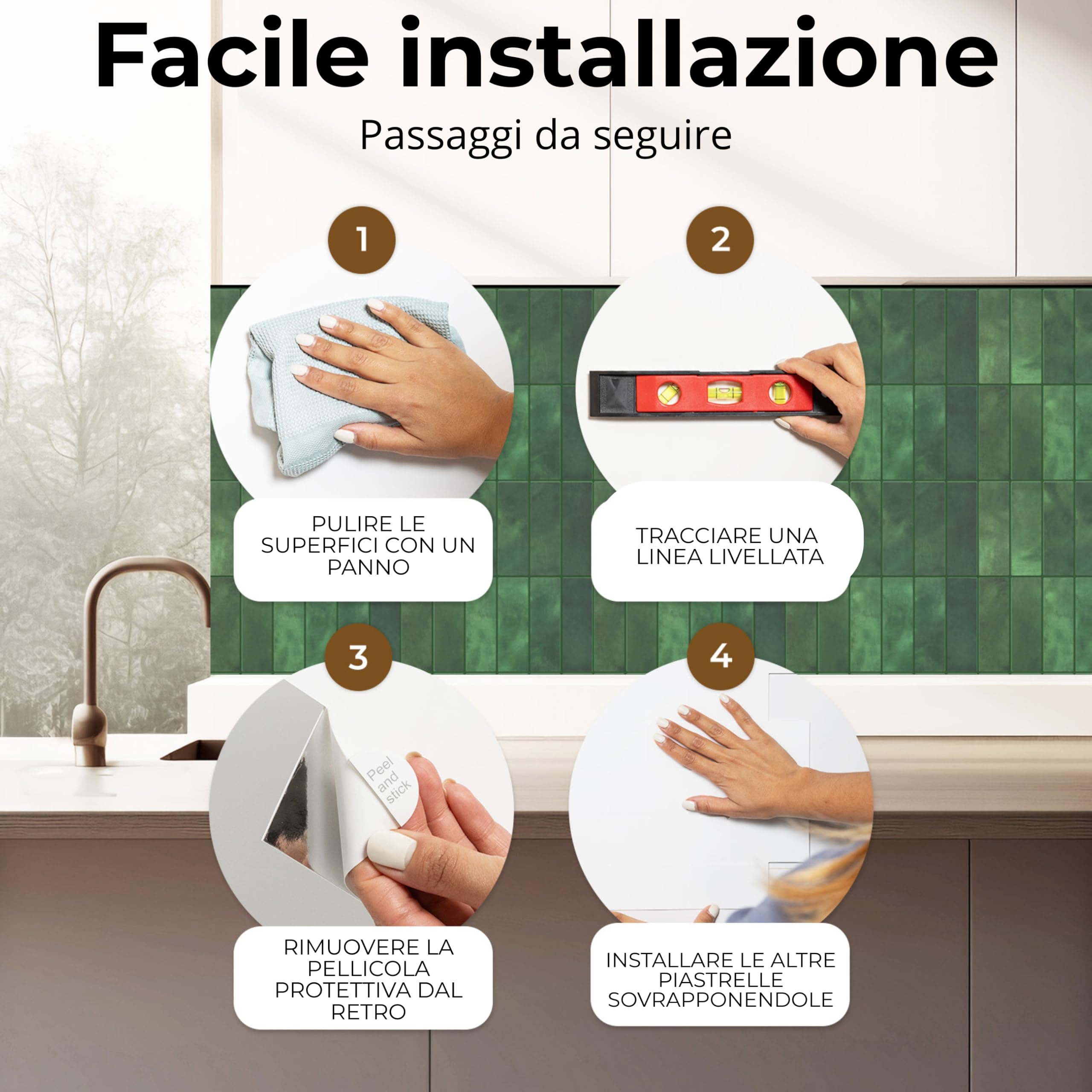 AMARA DECO – 20 Piastrelle Adesive Cucina e Bagno 30x30cm. Mattonelle Adesive da Parete con Effetto Piastrelle 3D, Impermeabili, Resistenti al Calore e Facili da Pulire(Rettangolari) (20, Verde)