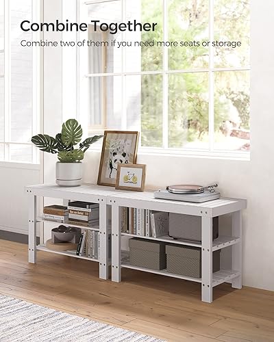 Miniatura 6 de SONGMICS Banco Estante para zapatos, organizador de almacenamiento de zapatos de bambú de 3 niveles, banco de entrada, soporta hasta 286 libras,