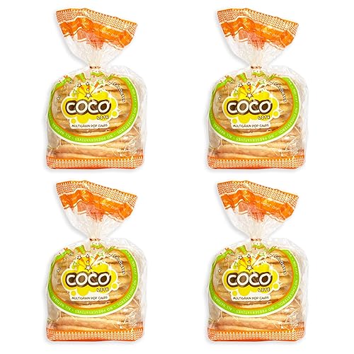 COCO LITE ORIGINAL - Paquete de 4 pasteles de arroz reventados, sin OMG, galletas de arroz ligeras y aireadas, patatas fritas de arroz multigrano,