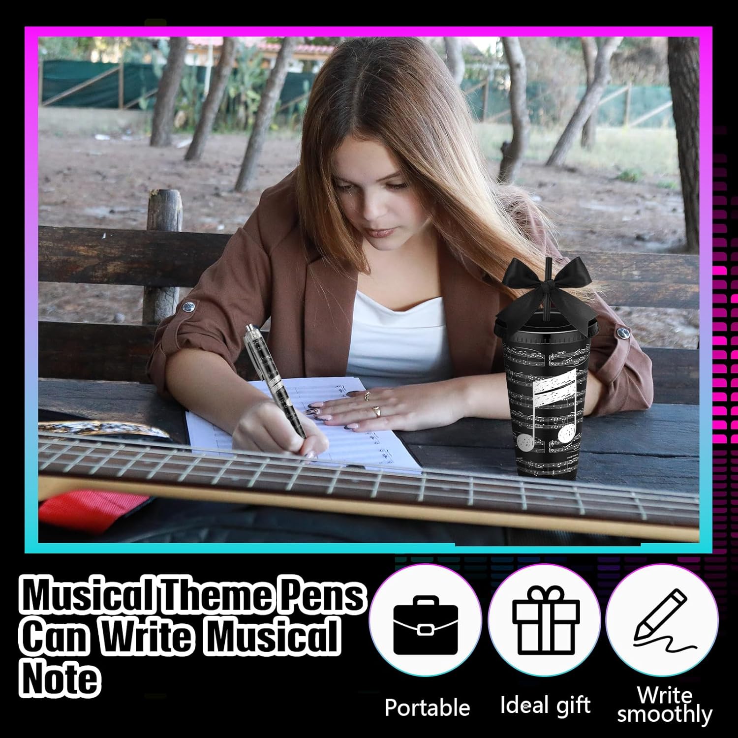 Skylety 12 Sets Musical Note Tumbler Cups Bulk 24 oz Valentine Gifts Music Themed Reusable Note Plastic Tumbler with Straw and Lid Ballpoint(Black) - Image 6