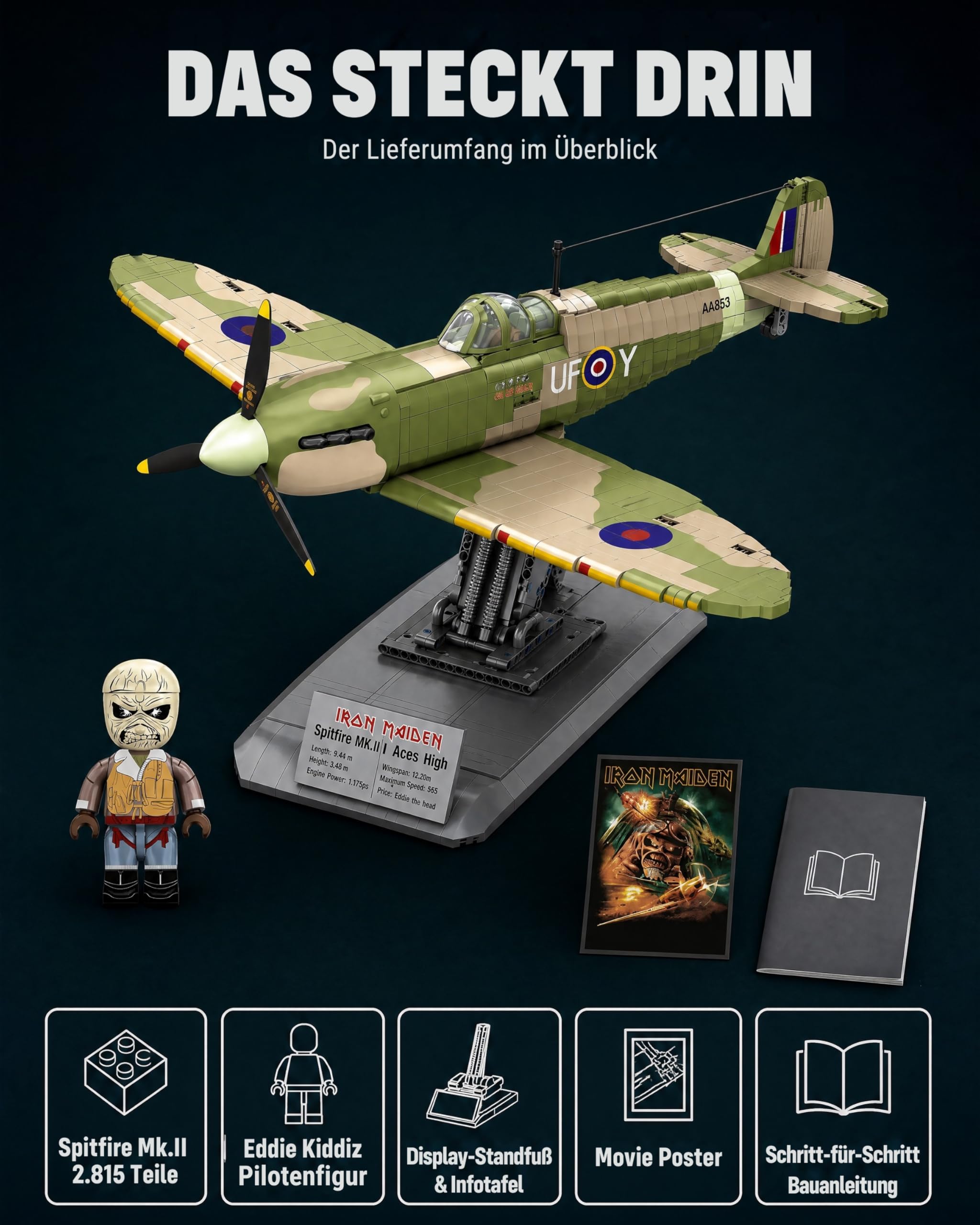 Revell Brick System Iron Maiden Spitfire MK.II Aces High | Klemmbaustein Set 1:18 mit 2802 Teilen | mit Eddie Pilot Figur, beweglichem Propeller & Cockpit | ab 18 Jahren