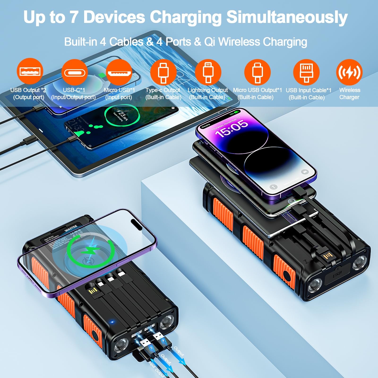 Power Bank Solare 26800mAh, Powerbank Wireless con Carica Solare, Manovella e 4 Cavi, Power Bank USB-C Ricarica Rapida 7 Uscite e 5 Ingressi per Telefono, Batteria Esterna Impermeabile per Campeggio