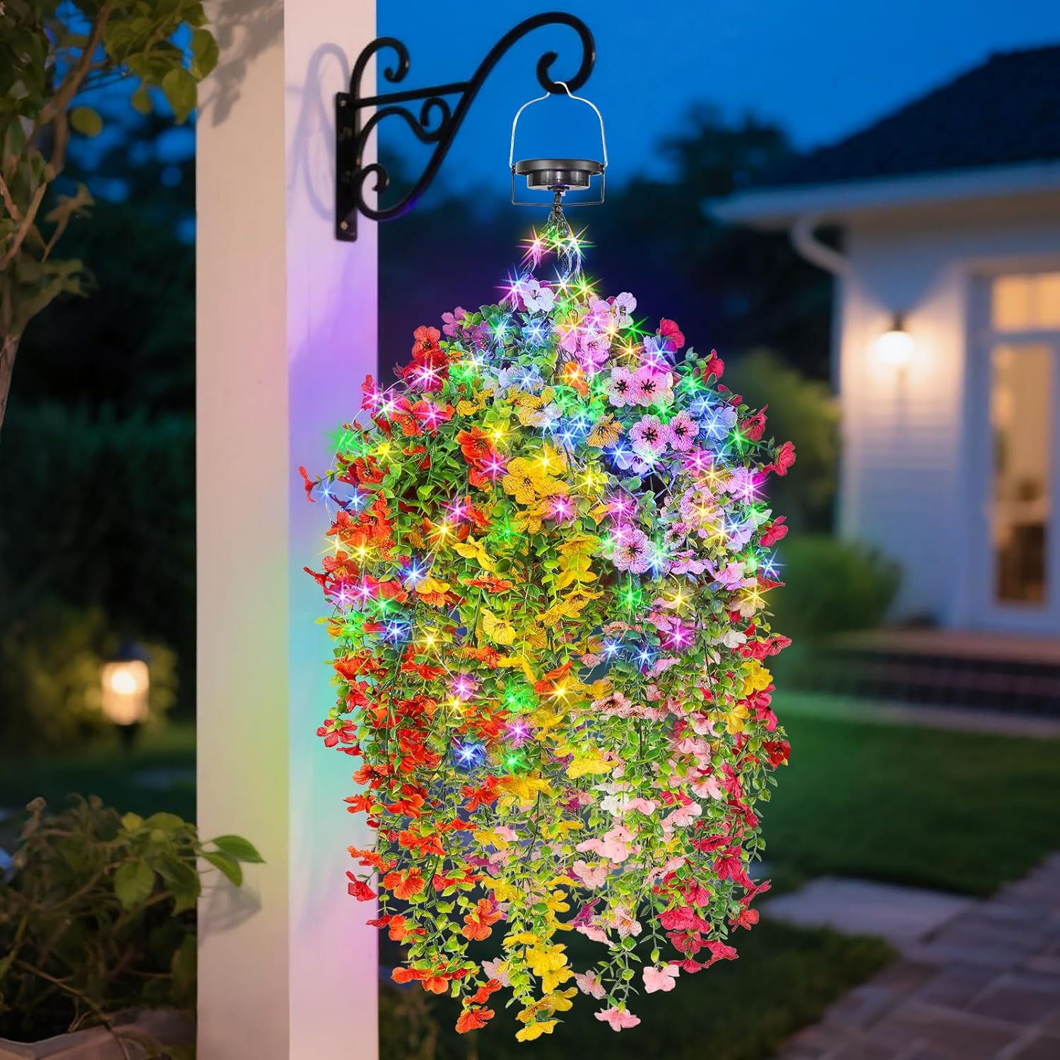 Solar Hanging Basket with Artificial Flowers: Outdoor Fake Plants Flower Basket with Solar String Lights for Summer -10 in UV Resistant Faux Silk Flower Baskets for Home Porch Yard Patio Garden Decor