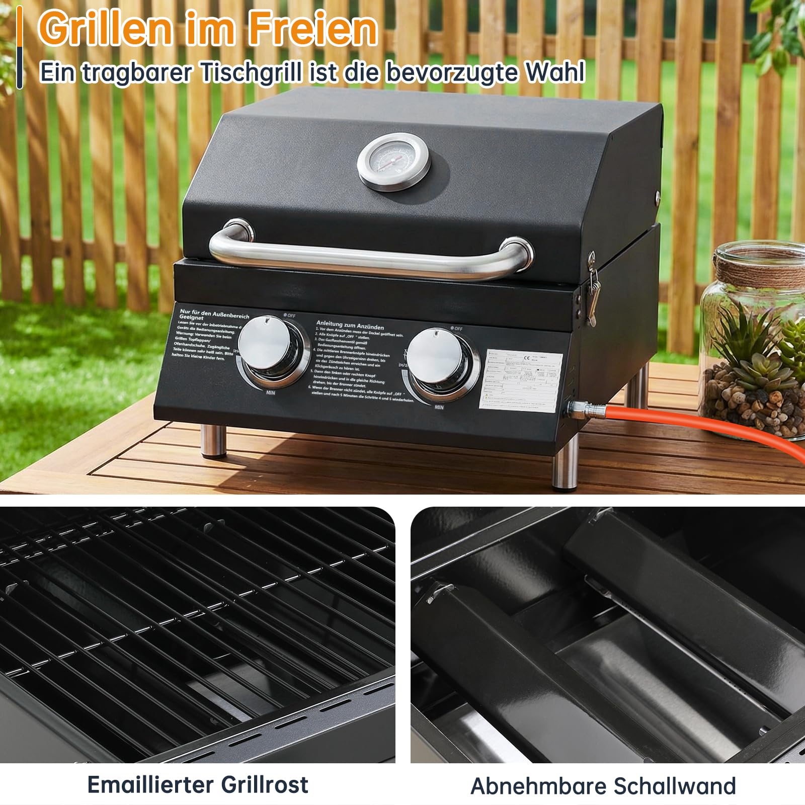 TLSUNNY 2 Brenner Gasgrill Klein, Tragbarer Tischgasgrill Kompakt mit Emaillierter Grillrost, Thermometer, Camping Gasgrill für BBQ, Balkon, Garten, 4.4kW, 42x33 cm Grillfläche, 4 PCS Füße, Schwarz