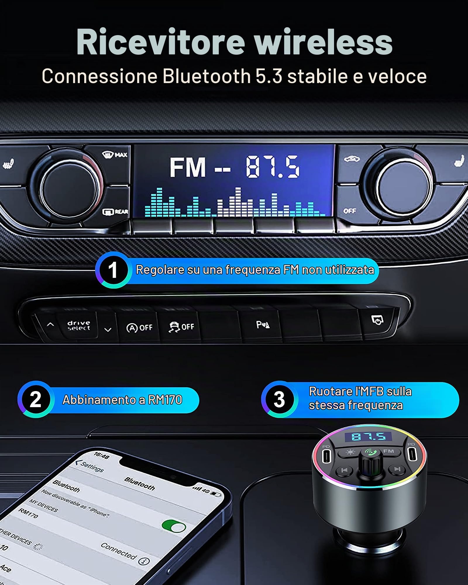 Trasmettitore Bluetooth per Auto con PD 20W Caricatore per Accendisigari e Adattatore Trasmettitore FM Bluetooth Auto Vivavoce