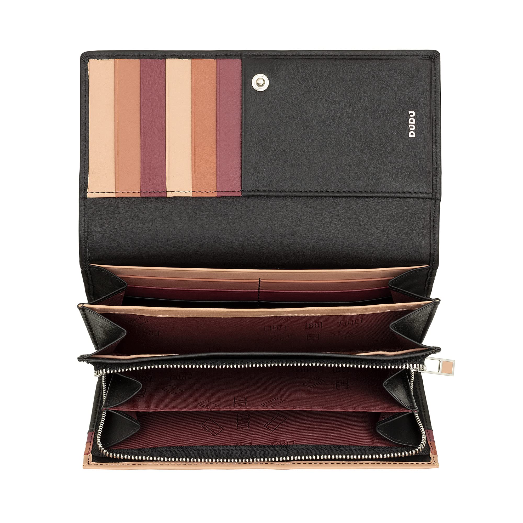DUDU Portafoglio Donna Pelle RFID Design Colorato Lungo con Portamonete Zip 18 Porta Carte e Chiusura a Bottone Nero
