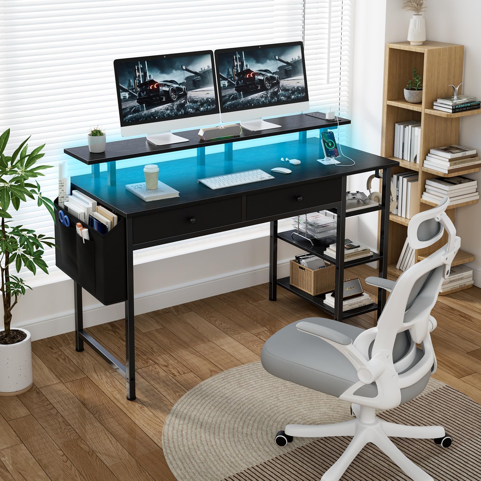 DLisiting Black Gaming Desk with Shelves and Drawers - 39 Inch Small Gaming Desk with Storage Shelves for Boys Teens Bedroom, Black Computer Desks with Drawers, Monitor Stand, Power Outlet: Black 39.4''