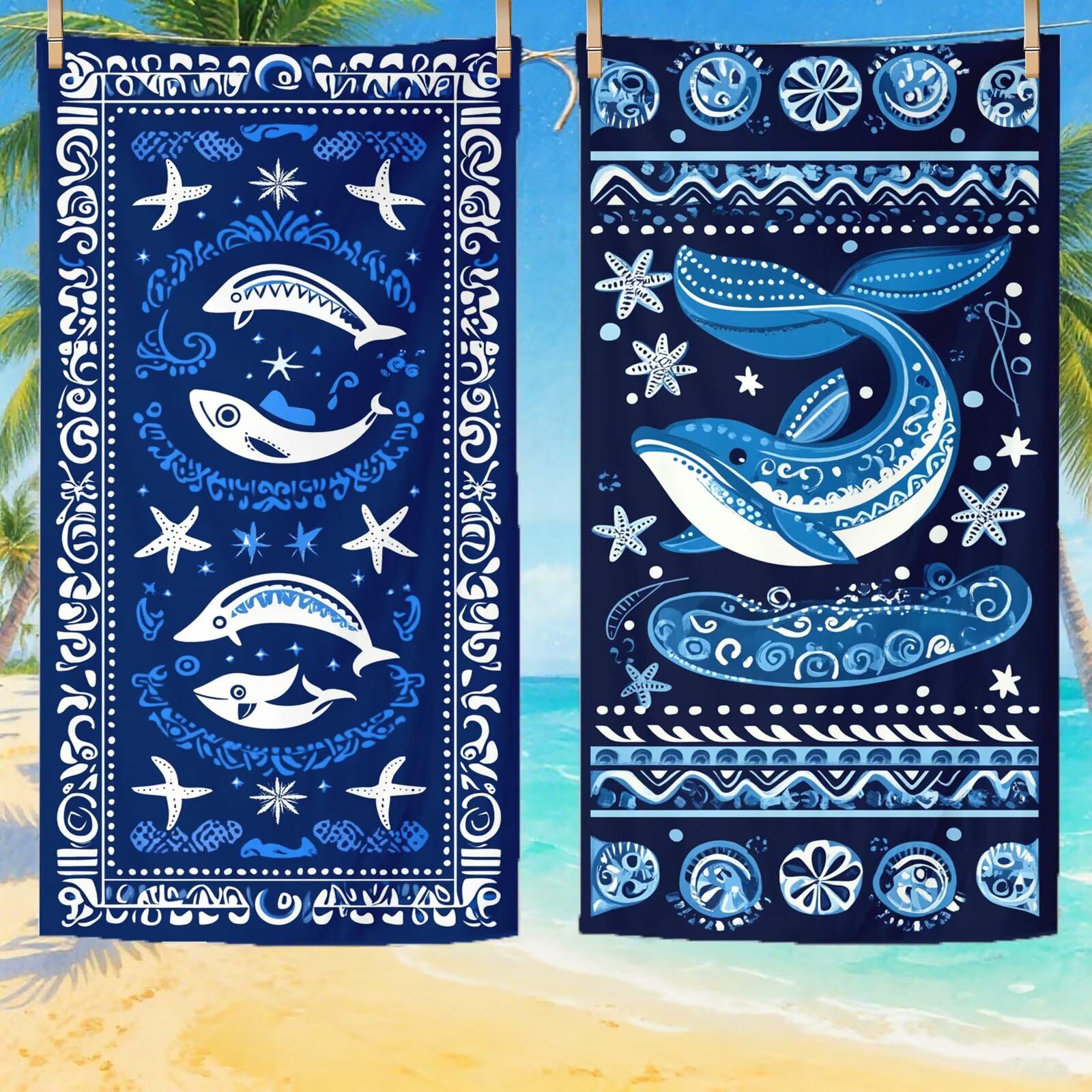 Telo Mare Microfibra, Telo Mare Grande 200x100 cm Set da 2, Antisabbia Asciugatura Rapida Assorbente Salvietta da Spiaggia Asciugamano per Palestra Piscina Viaggi Picnic, Regali Donna Pescare Q-775