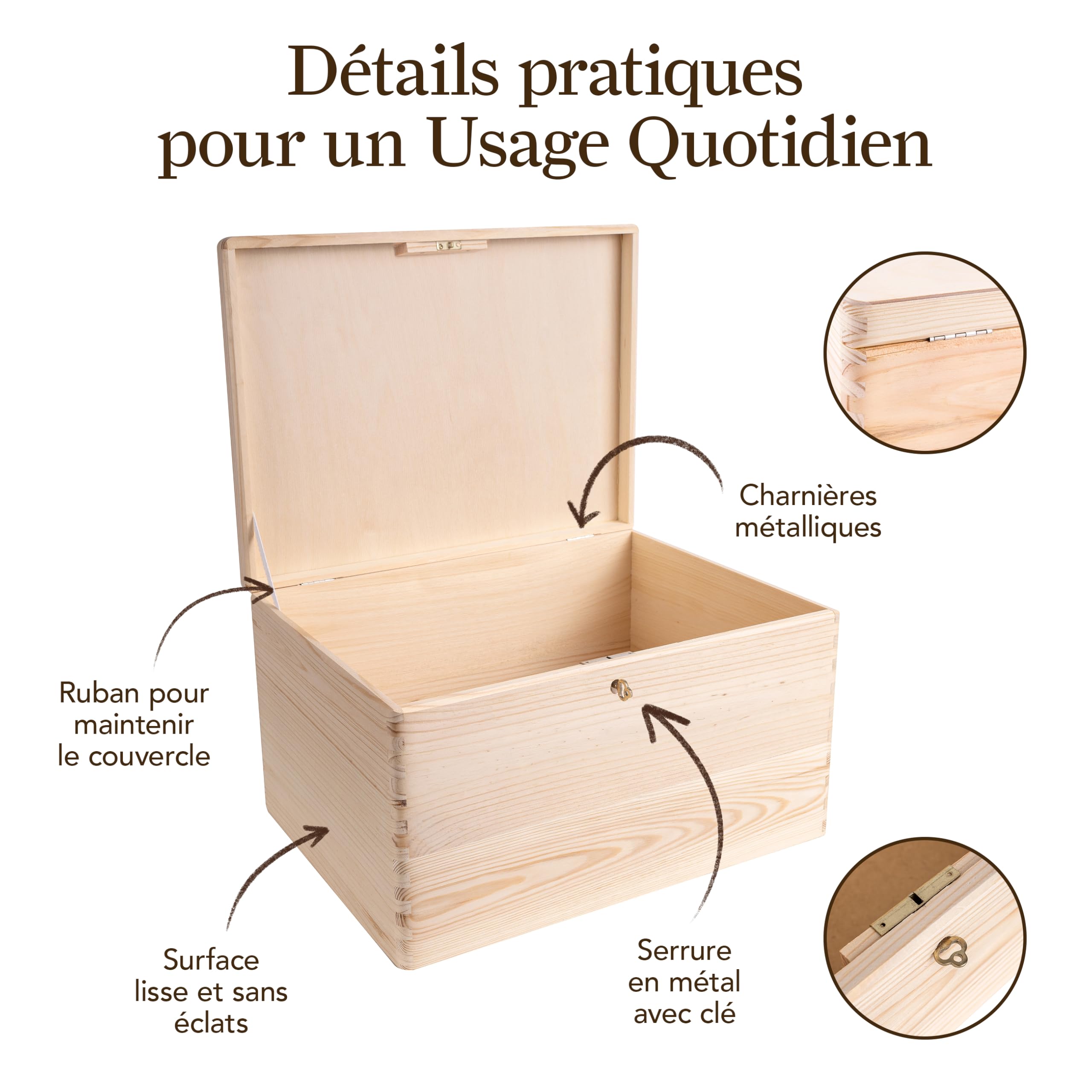 Creative Deco Boite Rangement en Bois avec Clé | 40 x 30 x 24 cm (+/- 1 cm) | Non Peint | avec Couvercle | Boite en Bois | Boite a Souvenir | Boîte Caisse Malle Coffre | Brut ET Non PONCÉ