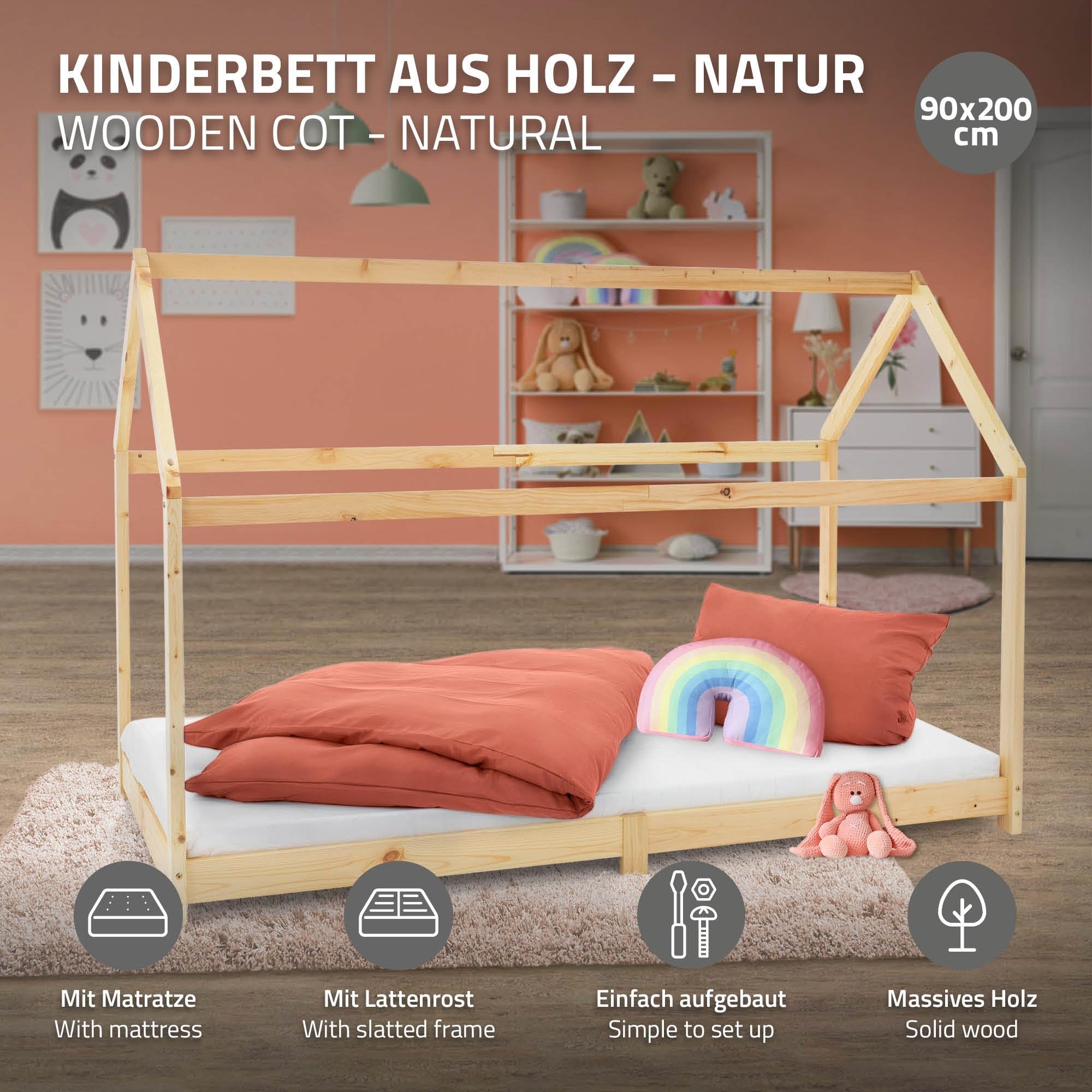 ML-Design Cama Infantil Casa Natural 90x200 cm de Madera de Pino + Colchón de Espuma Fría 16cm, Techo y Somier de Listones, Cuna de Suelo Maciza Casita de Juego Juvenil Mobiliario para Niño y Bebé