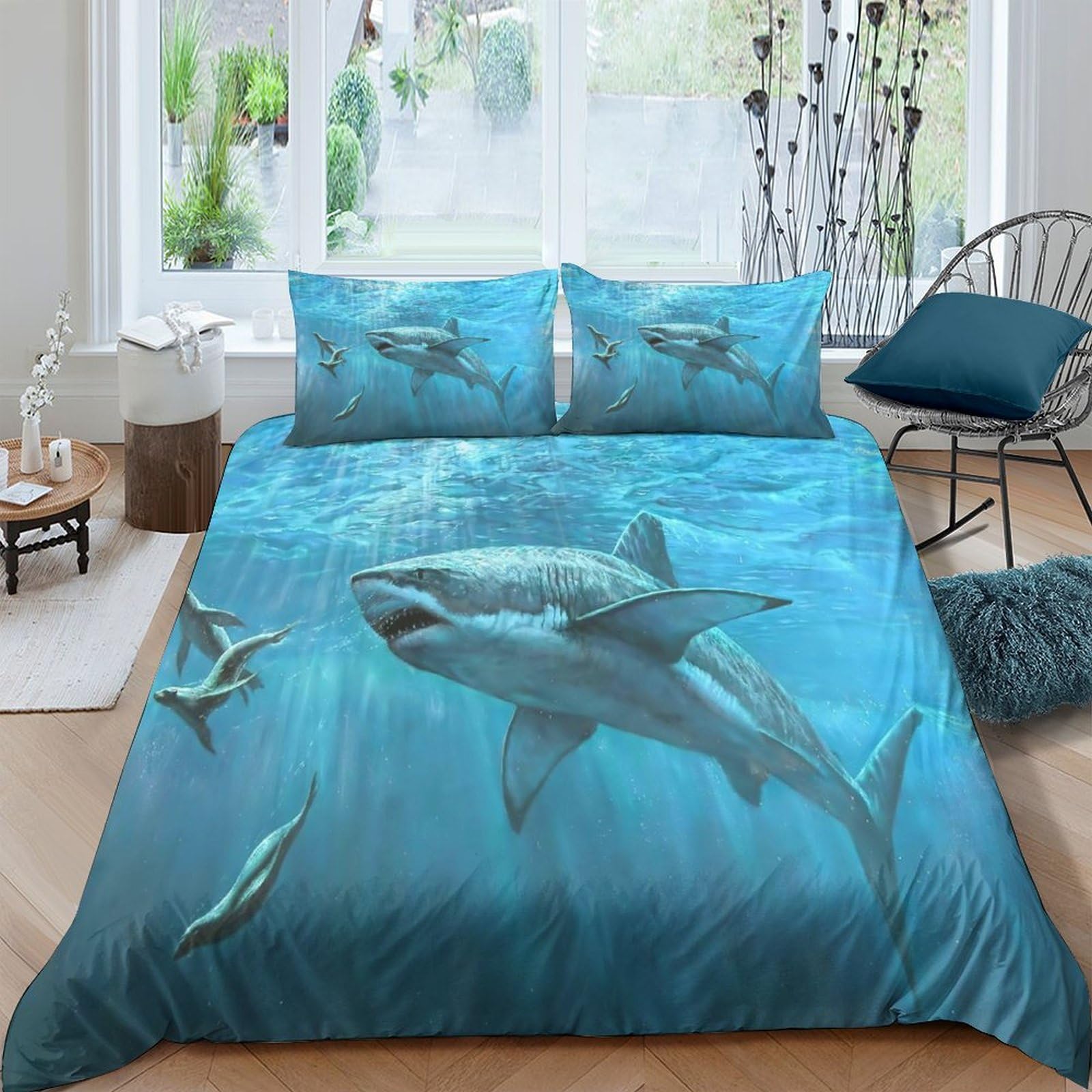Ctjqhvkz Style-9 3D Printed Ocean Shark Fitted Sheet Microfiber Soft Breathable Blue Sea Mattress Cover For Bedroom Guest Room Decor Single（135X200cm）