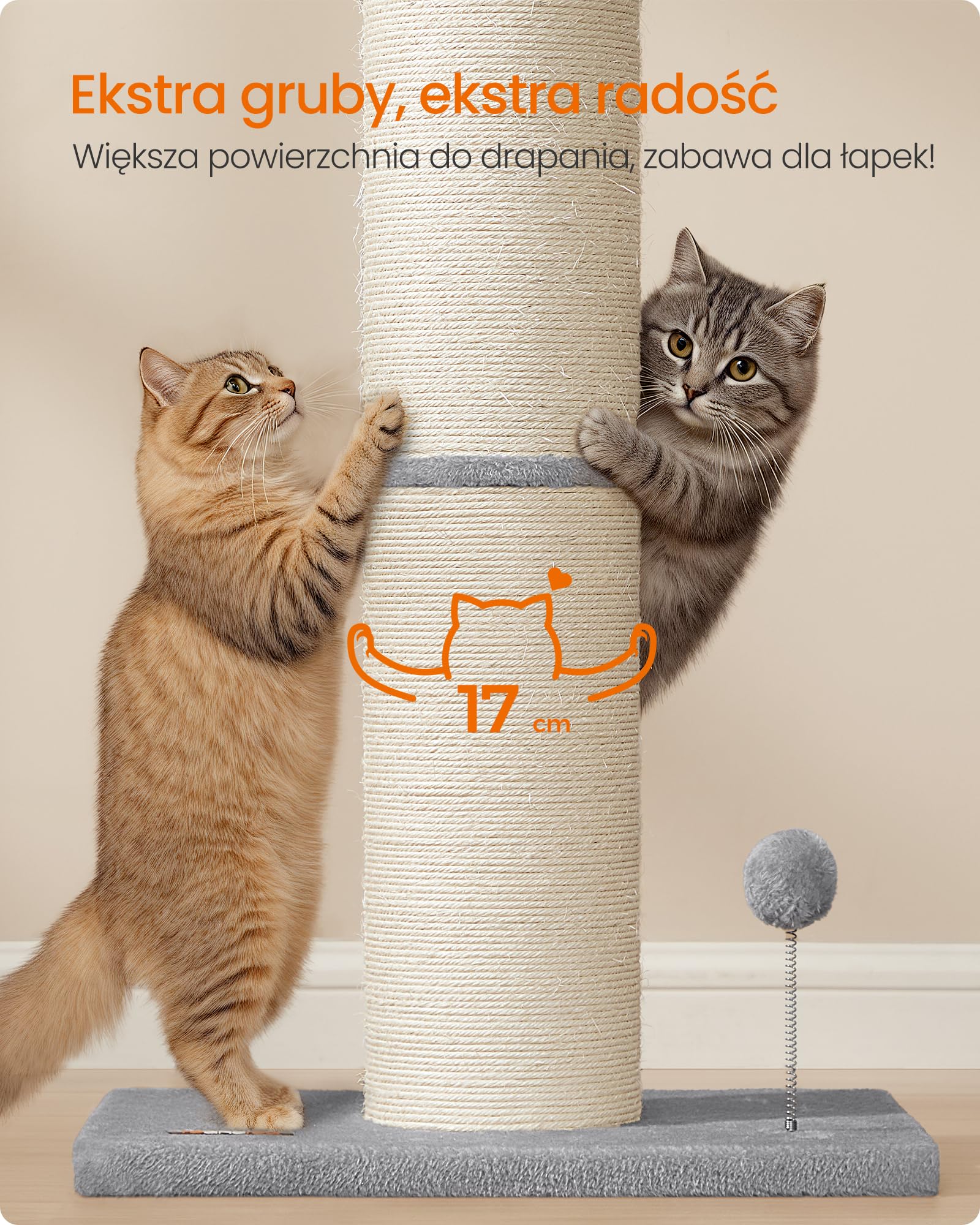 Feandrea Drzewo dla kota, wys. 85 cm, drapak XXL, pień o grubości 17 cm, drzewo dla kota, takich jak Maine Coon, pień z sizalu, z pluszową piłeczką i dzwoneczkiem, gołębioszary PCA042G01