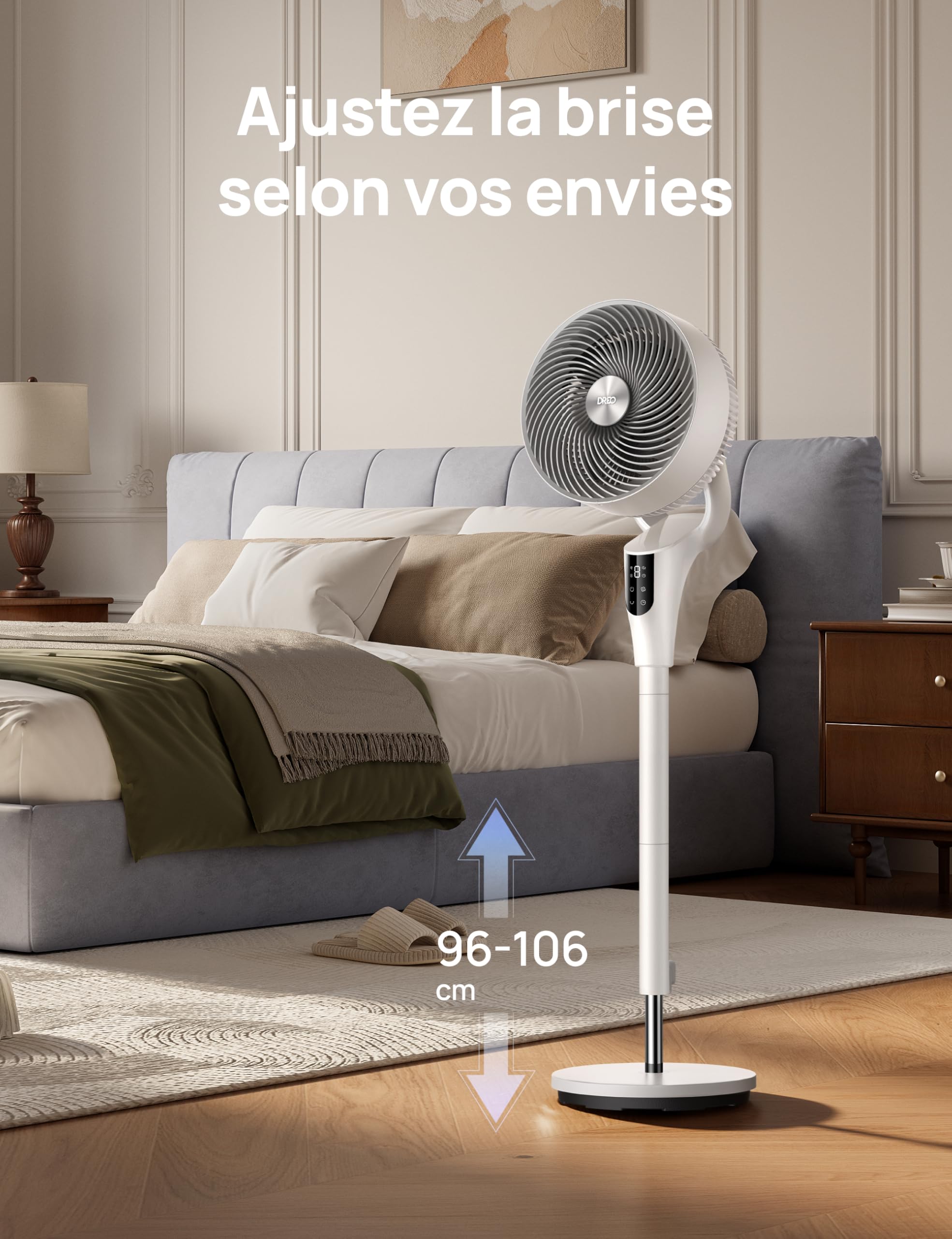 DREO Ventilateur sur Pied Silencieux pour Chambre [Amélioré], Flux d’Air 27m, 20dB, Oscillation 90°, Moteur DC, 8 Vitesses, 3 Modes, Hauteur 96–106 cm, Minuterie 8H, Inclinaison 105°