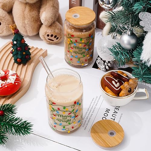 Miniatura 3 de Whaline Paquete de 2 tazas de café helado de Navidad, bombillas coloridas, vasos de cerveza alegre y brillante, vaso con tapa, cepillo de limpieza