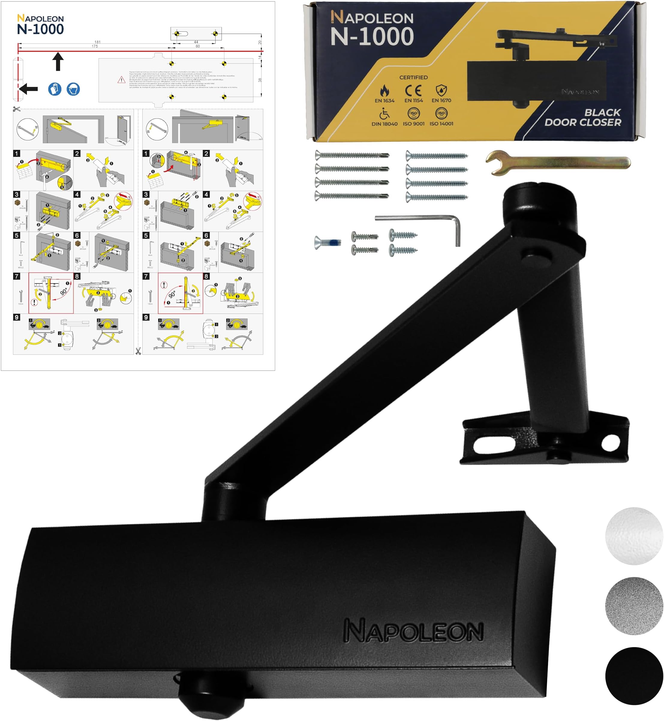 NAPOLEON N-1000 Robust Automatic Door Closer - EN1154/EN1634 Standards - Commercial & Residential - Door from 20Kg to 60Kg Size 3 - Drilling Template - Easy and Quick Installation (Black)