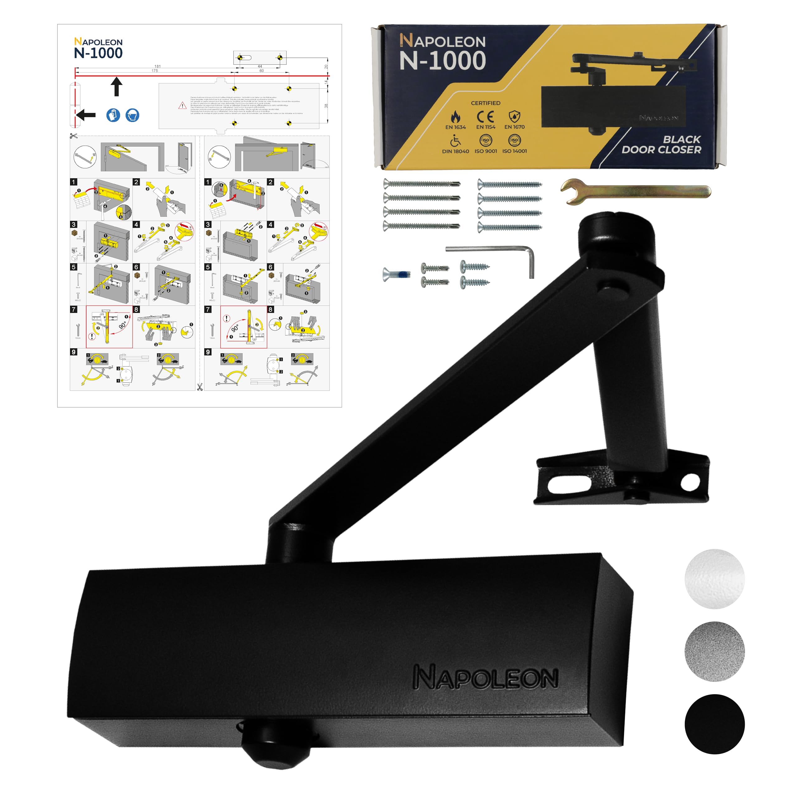 NAPOLEON N-1000 Robust Automatic Door Closer - EN1154/EN1634 Standards - Commercial & Residential - Door from 20Kg to 60Kg Size 3 - Drilling Template - Easy and Quick Installation (Black)