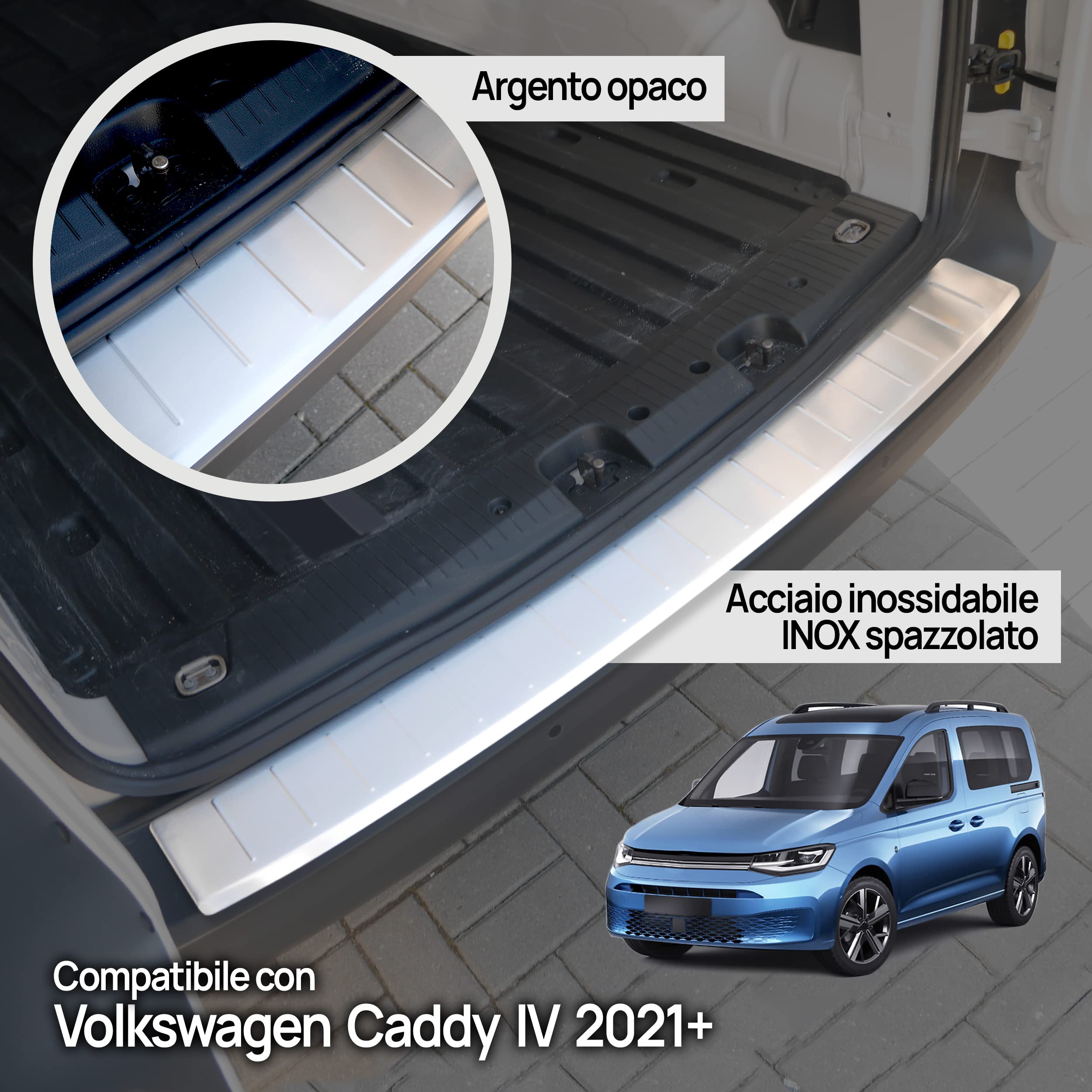 CHROMEMASTER | Protezione paraurti Posteriore | Compatibile con VW Caddy IV 2021 | Acciaio INOX, Argento opaco | Protegge la vernice del paraurti