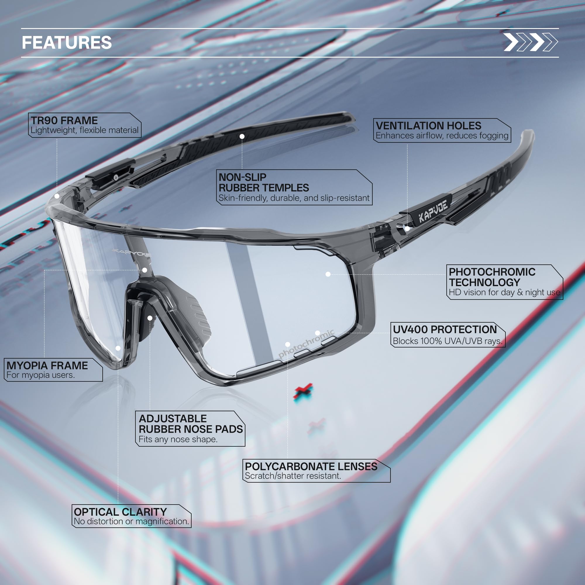 KAPVOE Gafas de Ciclismo Hombre Mujer K76 | Montura TR90, almohadilla nasal ajustable para ciclismo.