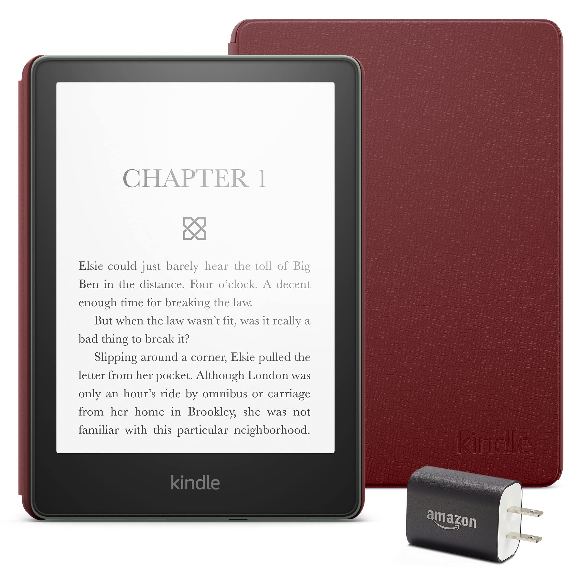 Kindle Paperwhite Essentials Bundle including Kindle Paperwhite (16 GB) - Agave Green - Without Lockscreen Ads, Leather Cover - Merlot, and Power Adapter