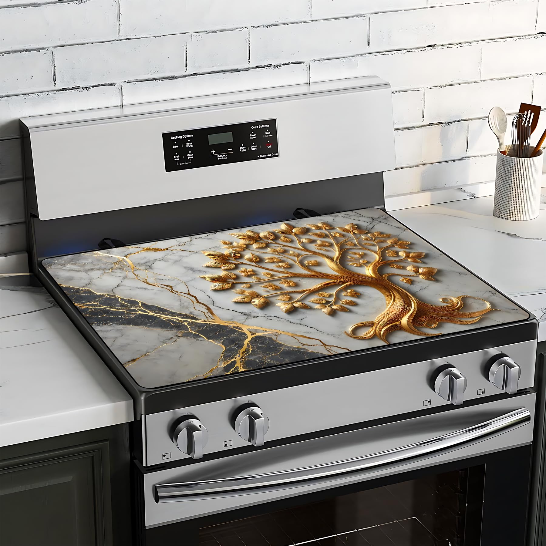BVBOX Electric Stove Top Cover 28"x20", Glass Cooktop Protector Mat with Hanging Loops, Washable Absorbent Kitchen Dish Drying Mat for Countertop, Coffe Corner, RV