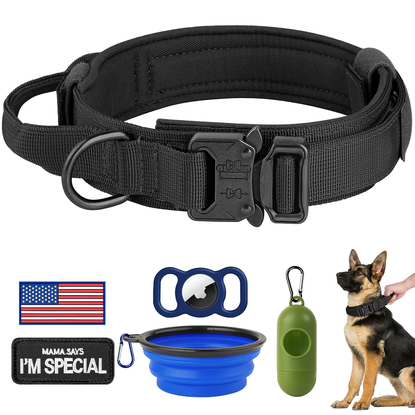 HYDEME Tactical Dog Collar Adjustable Nylon Collar with Control Handle and Heavy Metal Buckle for Medium and Large Dogs, with Patches&Airtags Case&