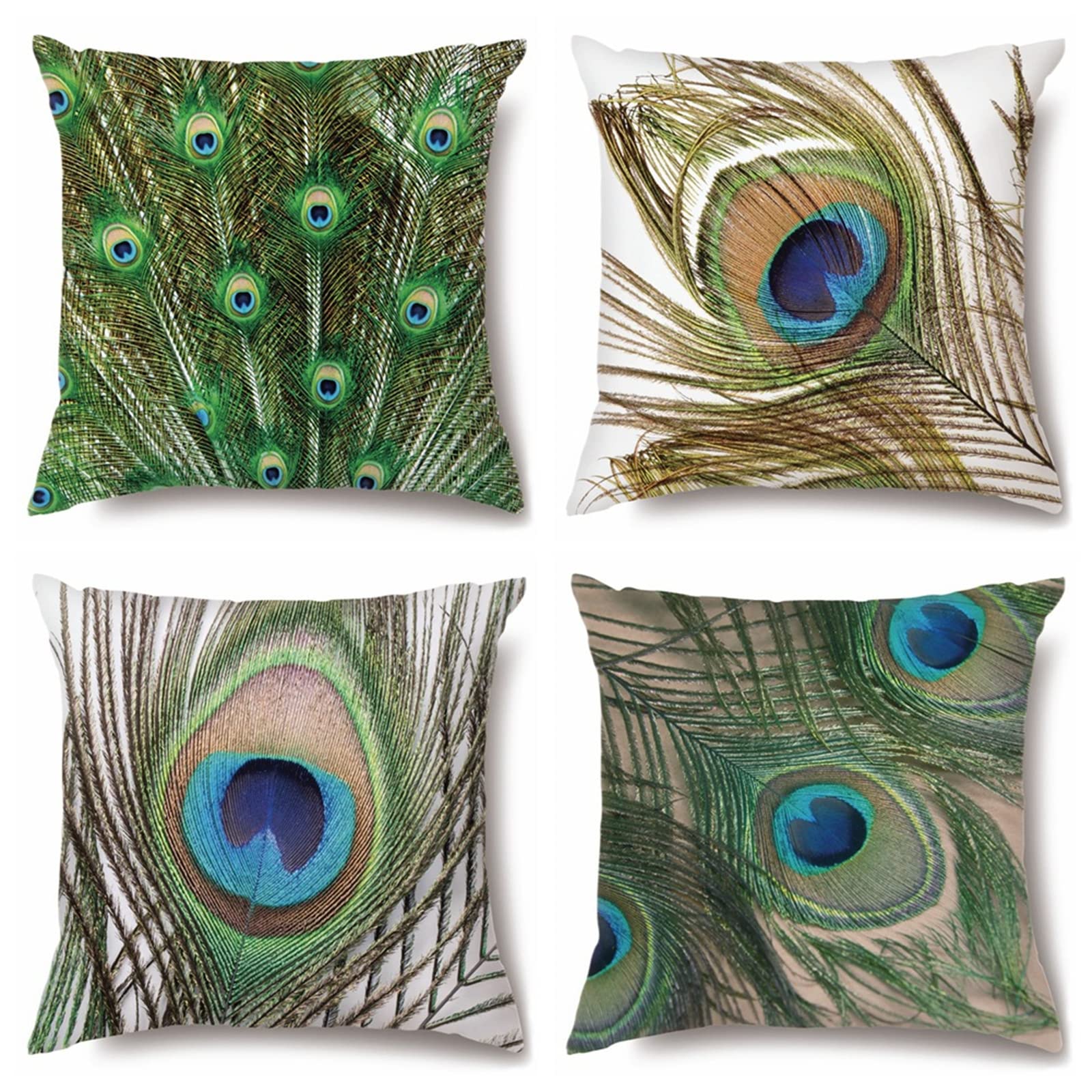 Fundas de Cojín,Juego de 4 Funda de Almohada Terciopelo Decor Simplicidad Moderna con Patrón de Doble Cara Funda de Cojin Funda de Cojines para Sala de Estar Sofás 60x60cm Plumas de pavo real verde