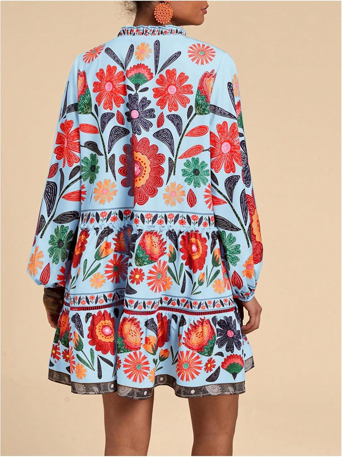 SOLY HUX Women's Floral Print Summer Short Dresses Boho Beach Long Sleeve Button Down Flowy Smock Dress - Image 3