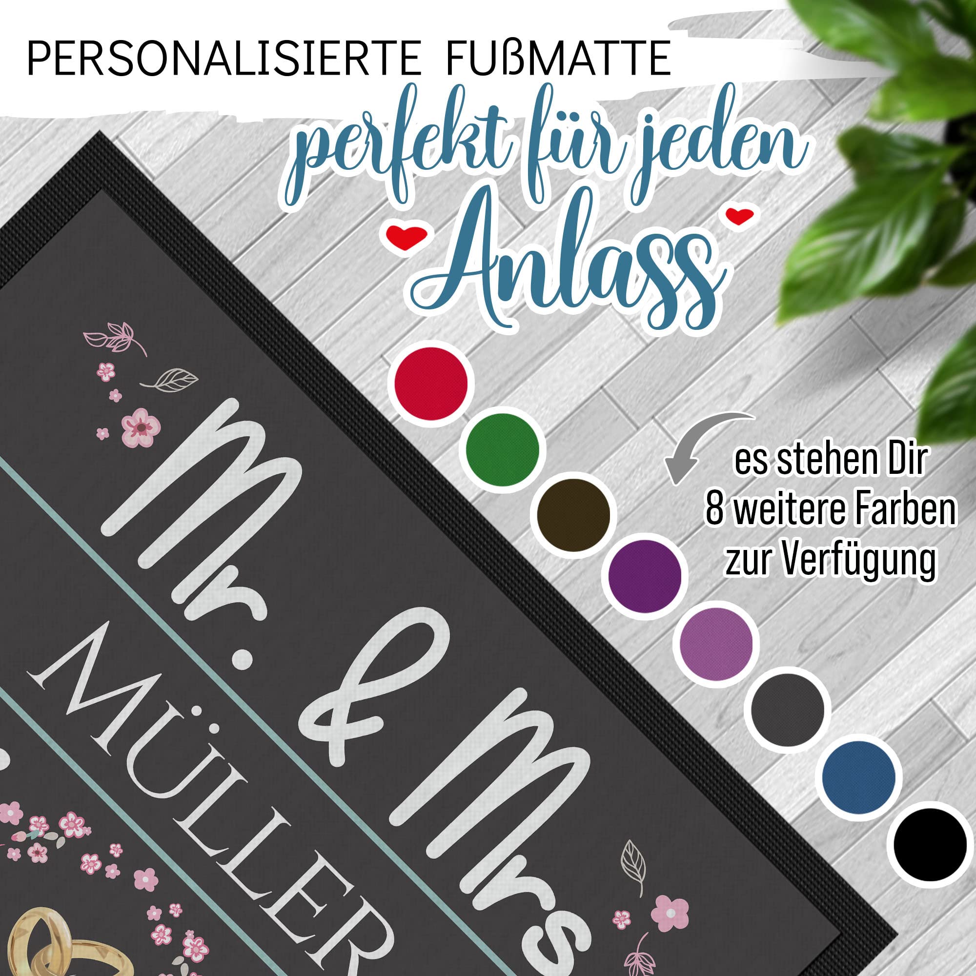 Print Royal Personalisierte Fußmatte mit Namen - Mr und Mrs mit Blumen und Ringe - Geschenke zum Einzug | rutschfest, 120x80cm mit Gummirand