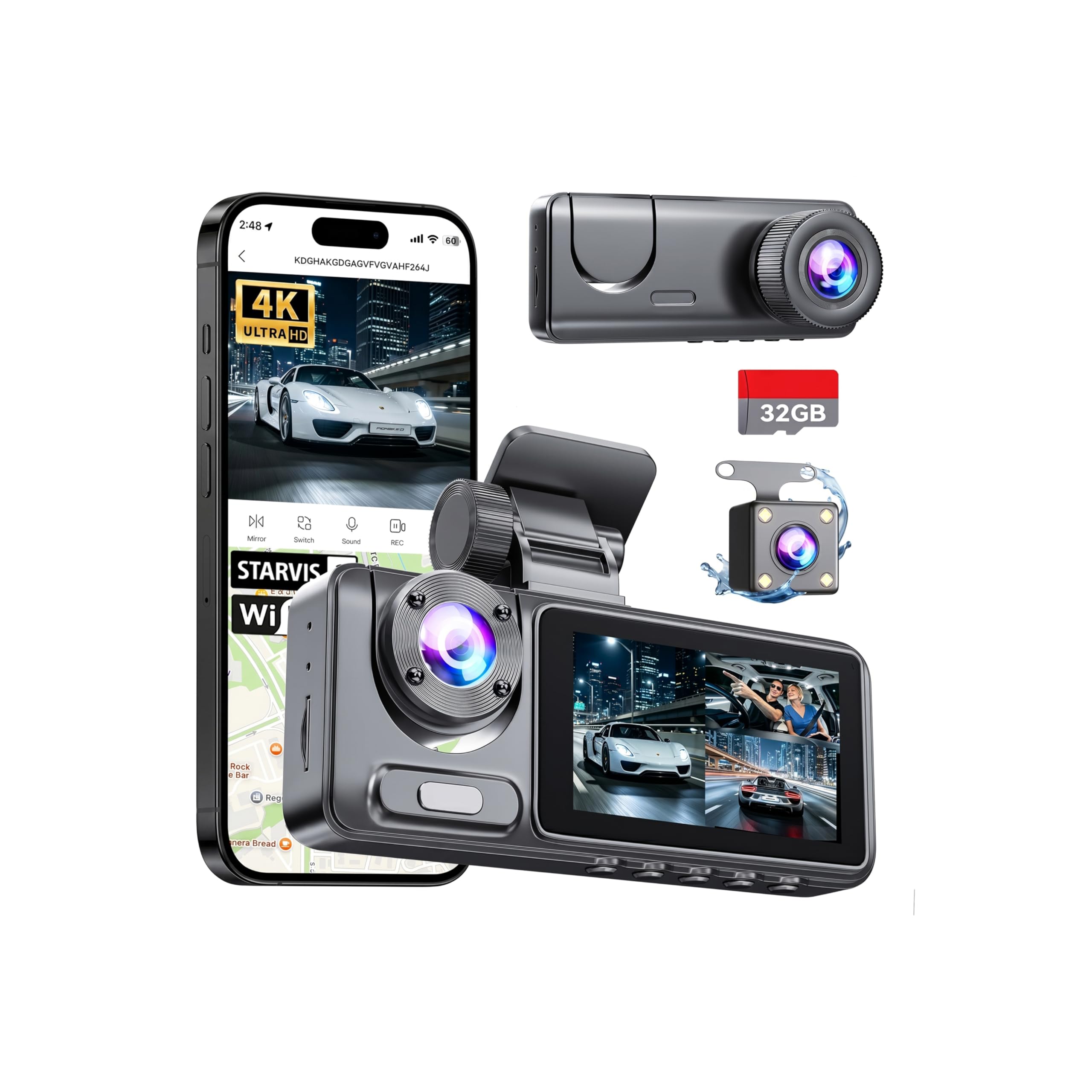 Photo 1 of Dash Cam Front Rear with 3 Channel, 4K Full UHD Car Camera, 5GHz WiFi & App Control, Free 32GB Card Included, Dash Camera for Cars with IR Night Vision, 24 Parking Mode, Loop Recording, G-Sensor