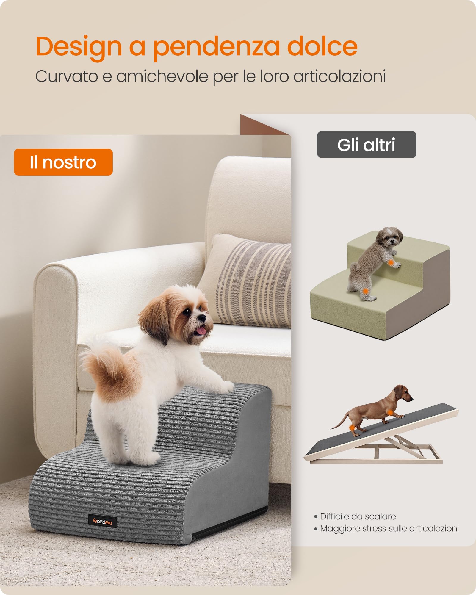 Feandrea Scala a 2 Gradini per Cani, Pendenza per Letto, Divano, Scaletta per Animali Domestici Impermeabile e Antiscivolo, Copertura Sfoderabile e Lavabile, Maniglia, Grigio Tortora PPS002G01