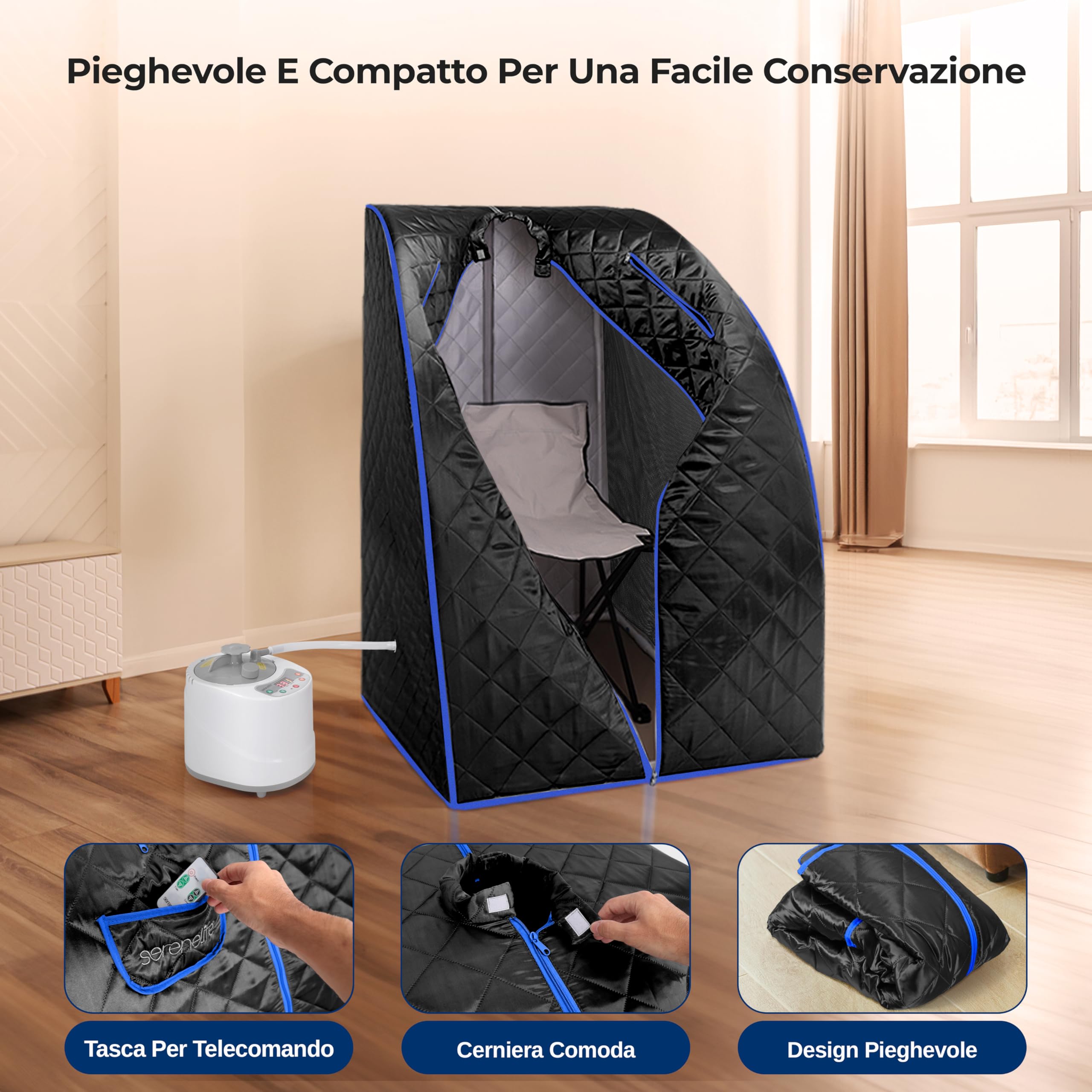 SereneLife Sauna a Vapore Portatile con Telecomando e Sedia Pieghevole per Una Persona, Nero