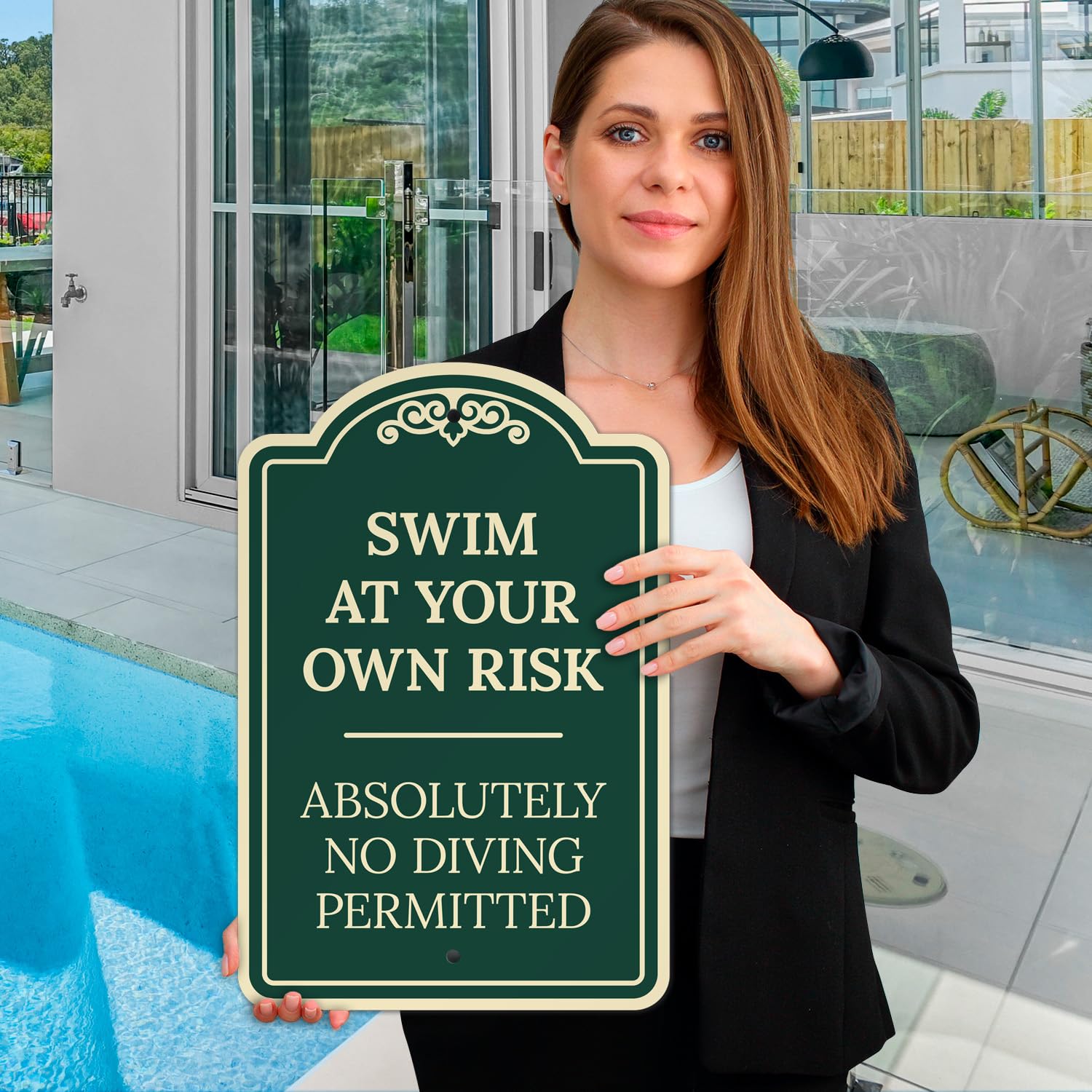 Absolutely No Diving Permitted Swim at Your Own Risk Sign, Green Dark, 12x18 Inches, ACM, Fade Resistant, Made in USA by Sigo Signs