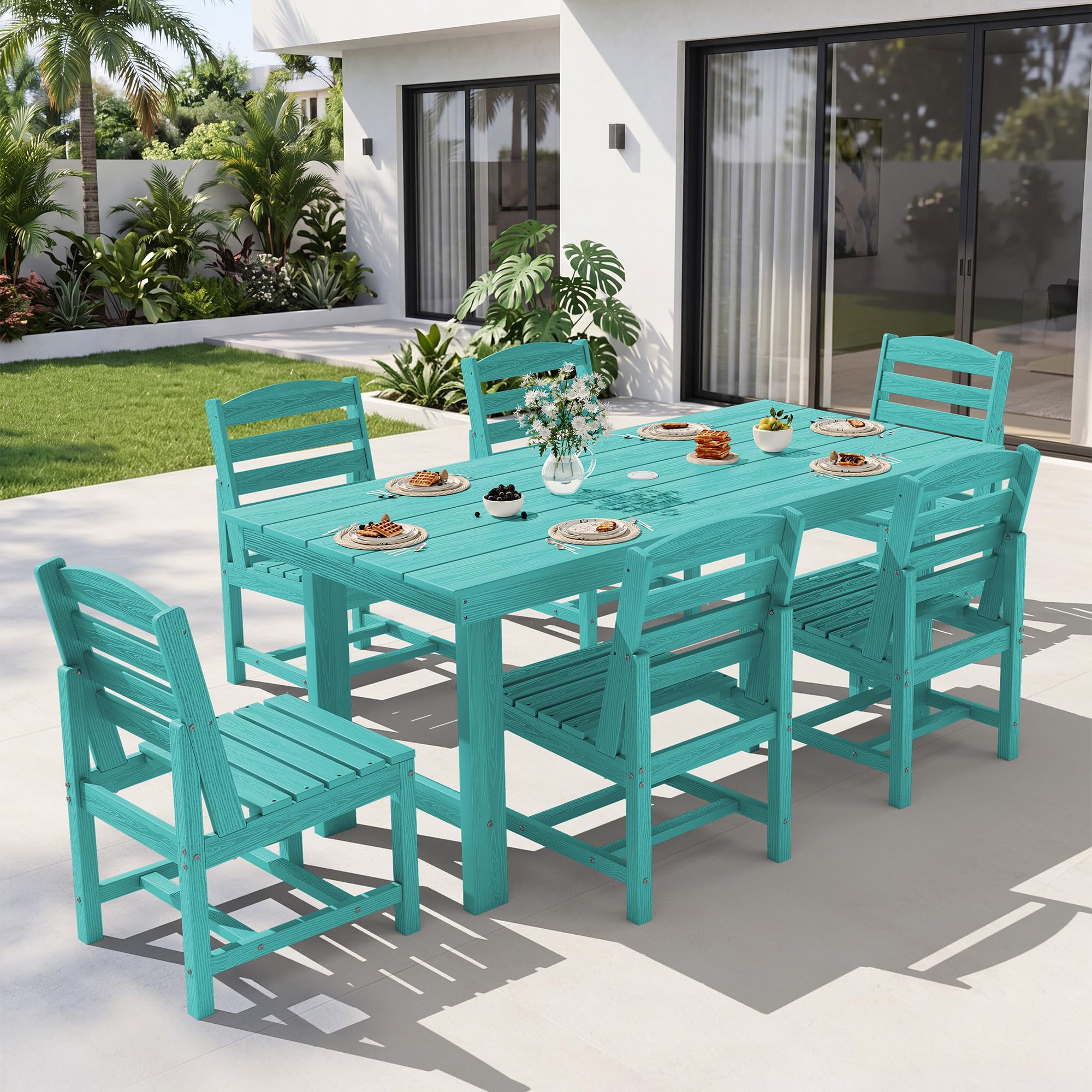 KINGYES 7-Piece Patio Dining Set, HDPE Table Armless Chairs Furniture Aruba
