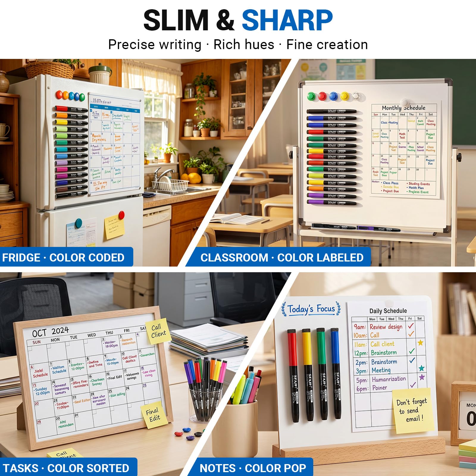 SFAIH Magnetische, trocken abwischbare Marker, ultrafeine Spitze, 0,7 mm feine Spitze, dünne Marker für detaillierte Kalender und kleine Raster, geruchsarme Whiteboard-Marker mit Radierkappe für