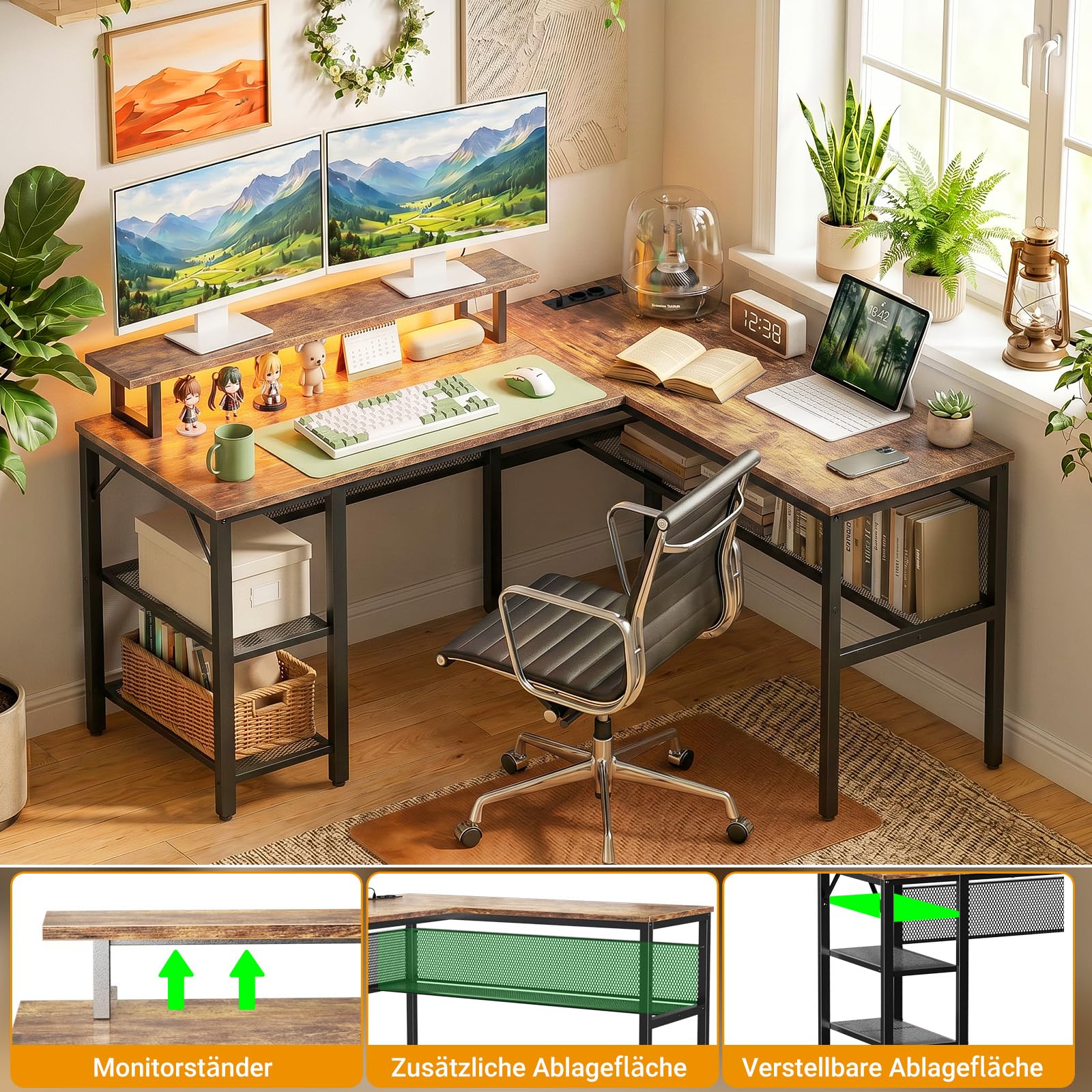 Homieasy Gaming Schreibtisch Eckschreibtisch L Form Reversibel LED | Metallrahmen Mit Holzplatten, Monitorständer Und Regal, Steckdosen, USB-A Und USB-C