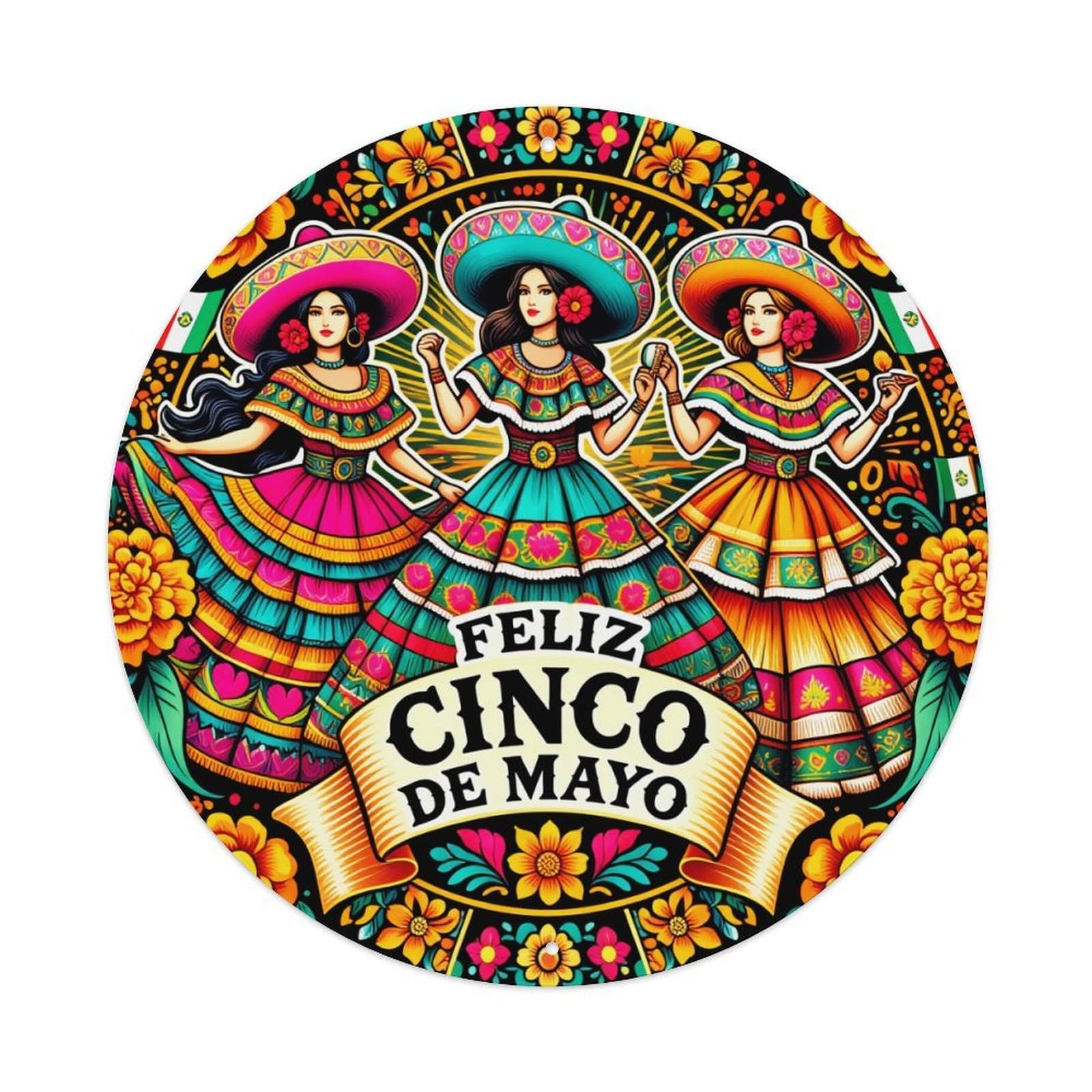 Colorful Mexican Women Dancing Round Tin Sign Vintage Metal Poster, Home Bar Garage Man Cave Cafe Indoor & Outdoor Wall Decoration 8x8Inches