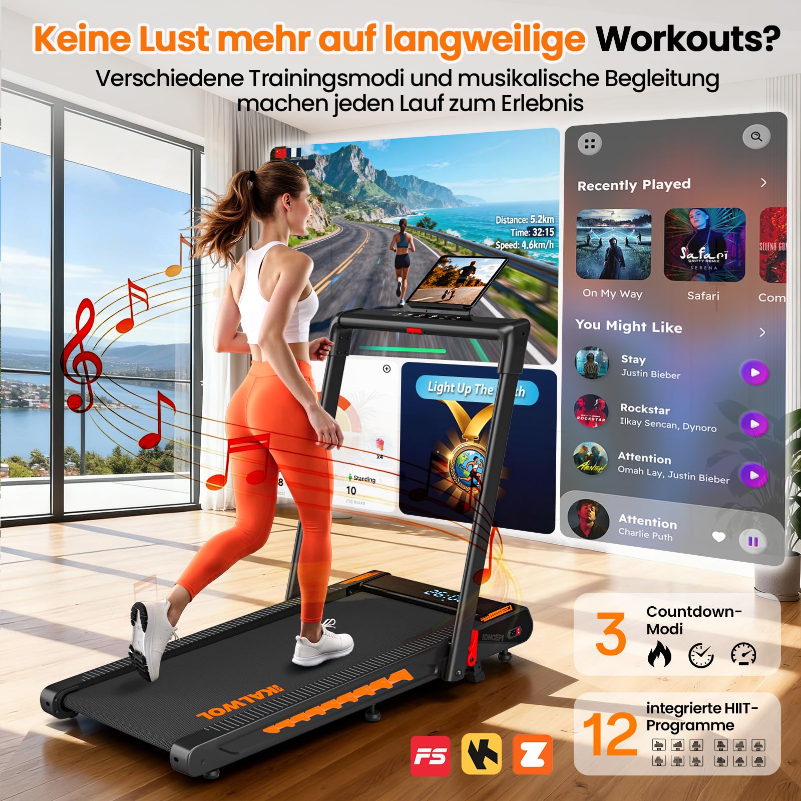 Laufband für Zuhause mit Bluetooth Lautsprecher, 6 in 1 12km/h Walking Pad Laufband mit 10% Steigung, 3.0 HP Bürstenloser Treadmill für Zuhause & Büro mit LED-Display, 12 HIIT-Programme, Bis 160 kg