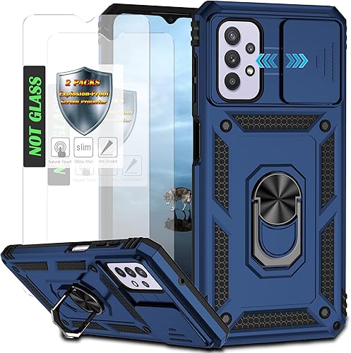AYMECL Funda para Galaxy A32 5G, A32 5G con cubierta deslizante para cámara y 2 paquetes Flim a prueba de explosiones, funda magnética con soporte