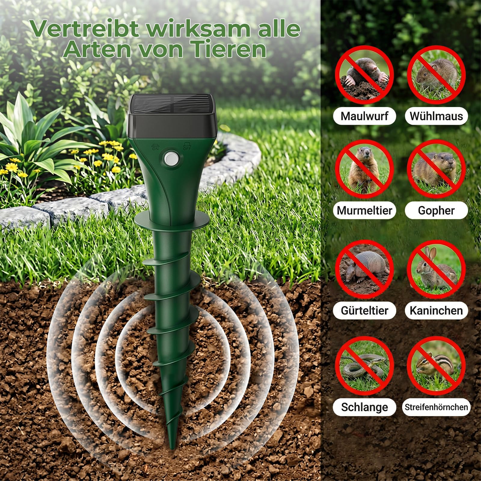 Maulwurf Vertreiber 4er Pack, Solar Maulwurfschreck mit Ultraschall & KI-Wechselfrequenz, Effektive Wühlmausabwehr gegen Maulwürfe und Wühlmäuse, IP65 Wasserdicht für Garten und Außenbereich
