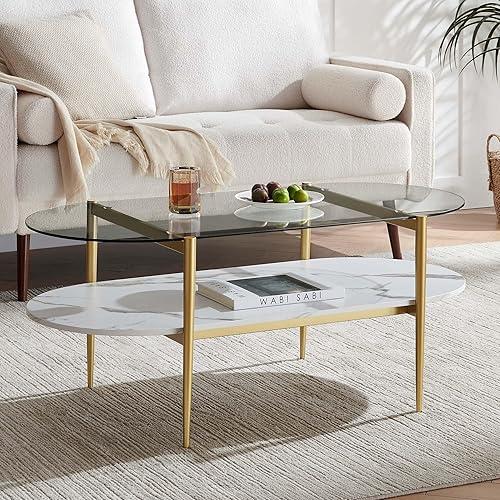 Miniatura 3 de Mesa de centro ovalada, diseño moderno de mediados de siglo, 41 x 21 x 17 pulgadas, para sala de estar, tapa de vidrio transparente, estante de