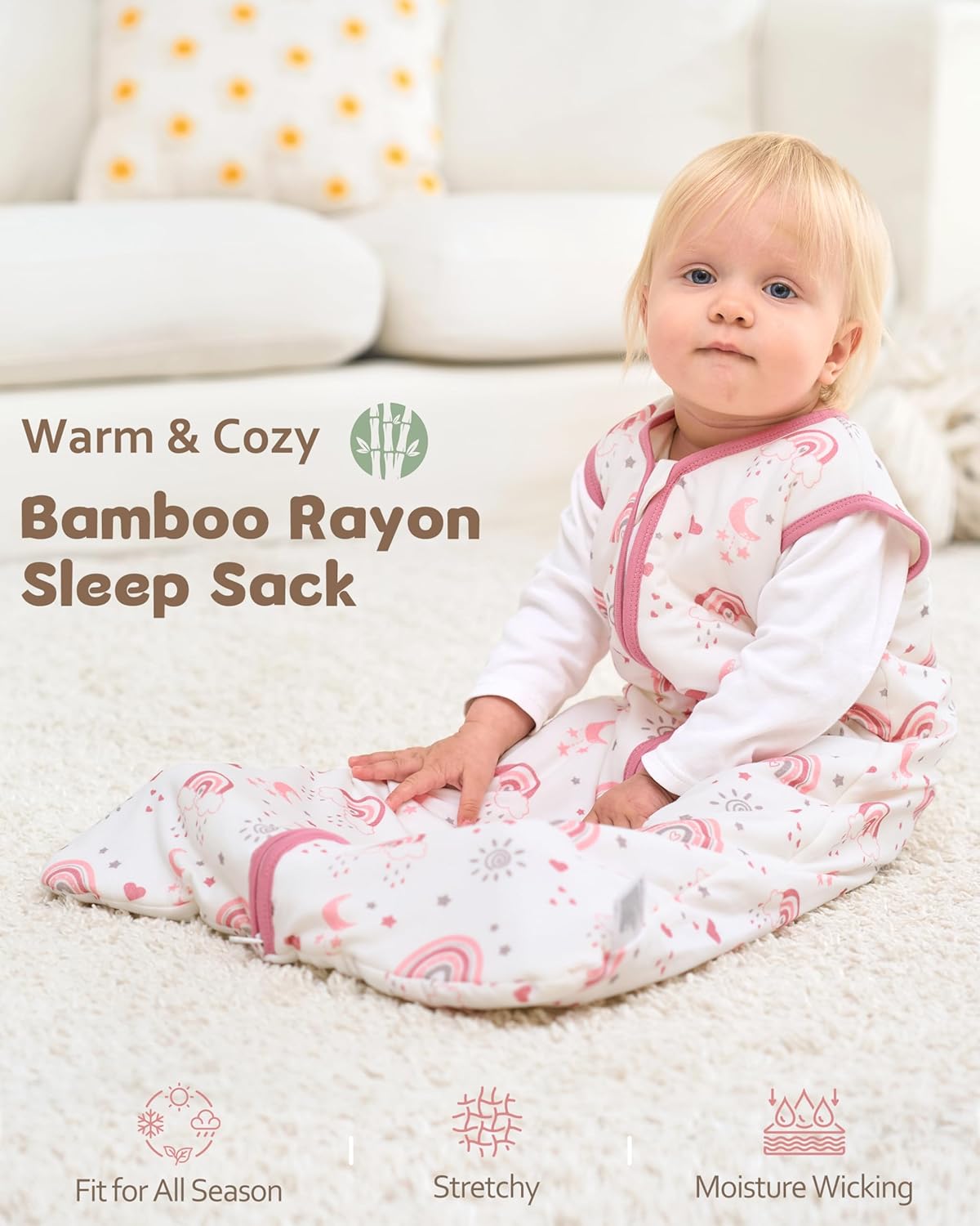 Rayon Made from Bamboo Baby Sleep Sack 6-12 Months, 1.0 Tog Baby Wearable Blanket, Soft Sleeping Bag for Newborn Infant Babies with 2-Way Zipper 2 Pack (Medium) Pink Rainbow - Image 2