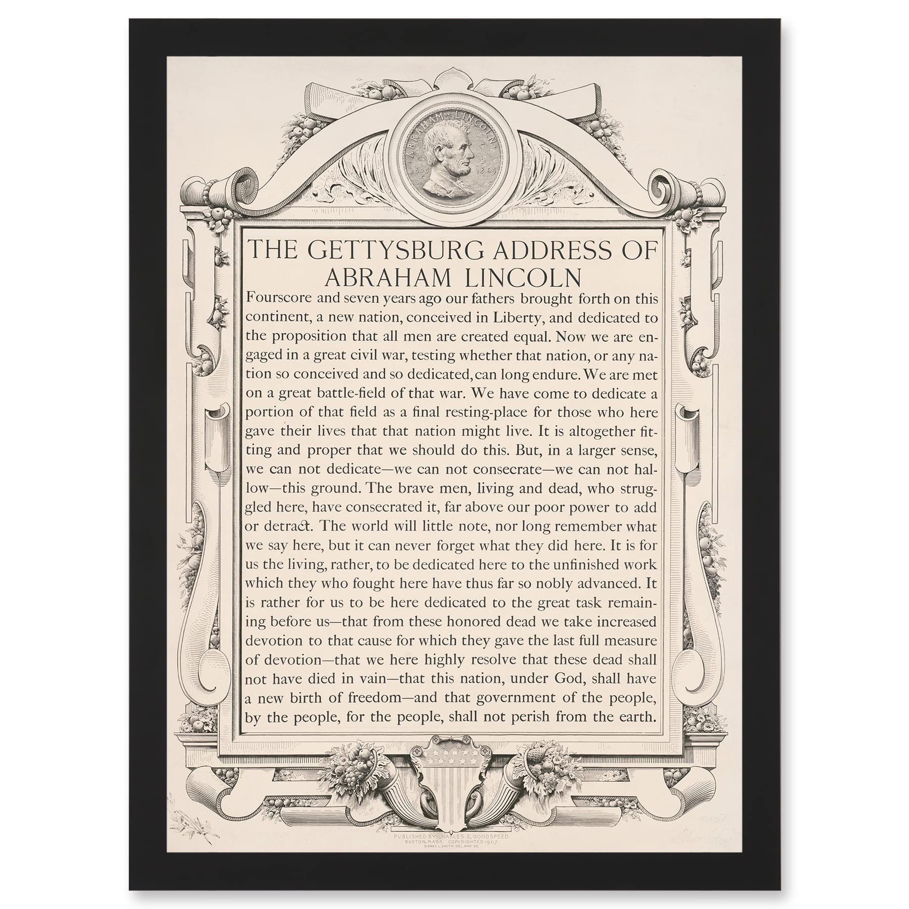 Gettysburg Address Abraham Lincoln Framed Wall Art Print - A4 Size - Black Frame