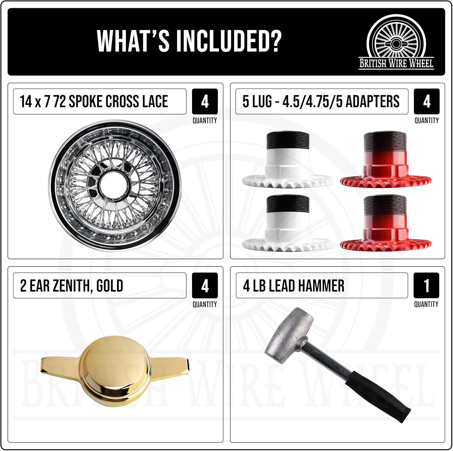 14x7 Reverse 72 Spoke Cross Lace Wire Wheels with Zenith 2 Ear Gold Knock Off Spinner Caps + Adapters 5x4.5, 5x4.75, 5x5 | Chrome Deep Dish Lowrider Rims | Set of 4 + Lead Hammer