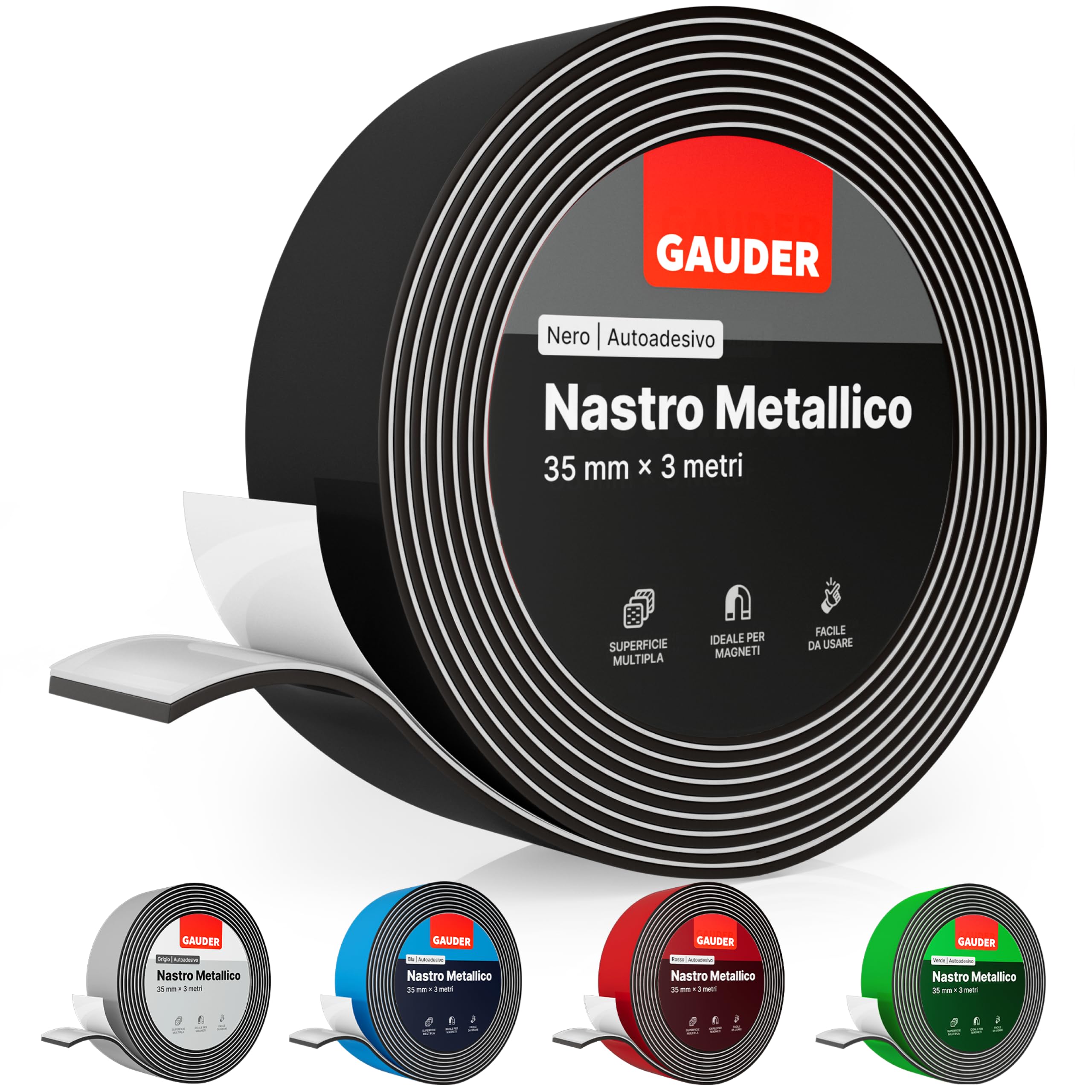 GAUDER Nastro metallico autoadesivo - Banda magnetica per magneti e figurine Tonie® & scaffali - Nastro ferro per fai-da-te e organizzazione (3 m x 35 mm - nero)
