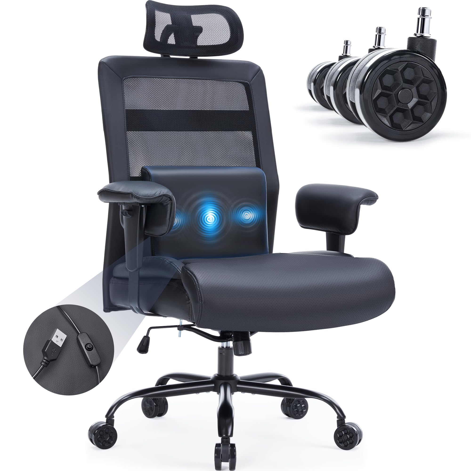 500lbs Big and Tall Office Chair with Extra Wide Leather Seat, Plus Size Massage Desk Chair with Large Wheels, Mesh High Back Heavy Duty Executive